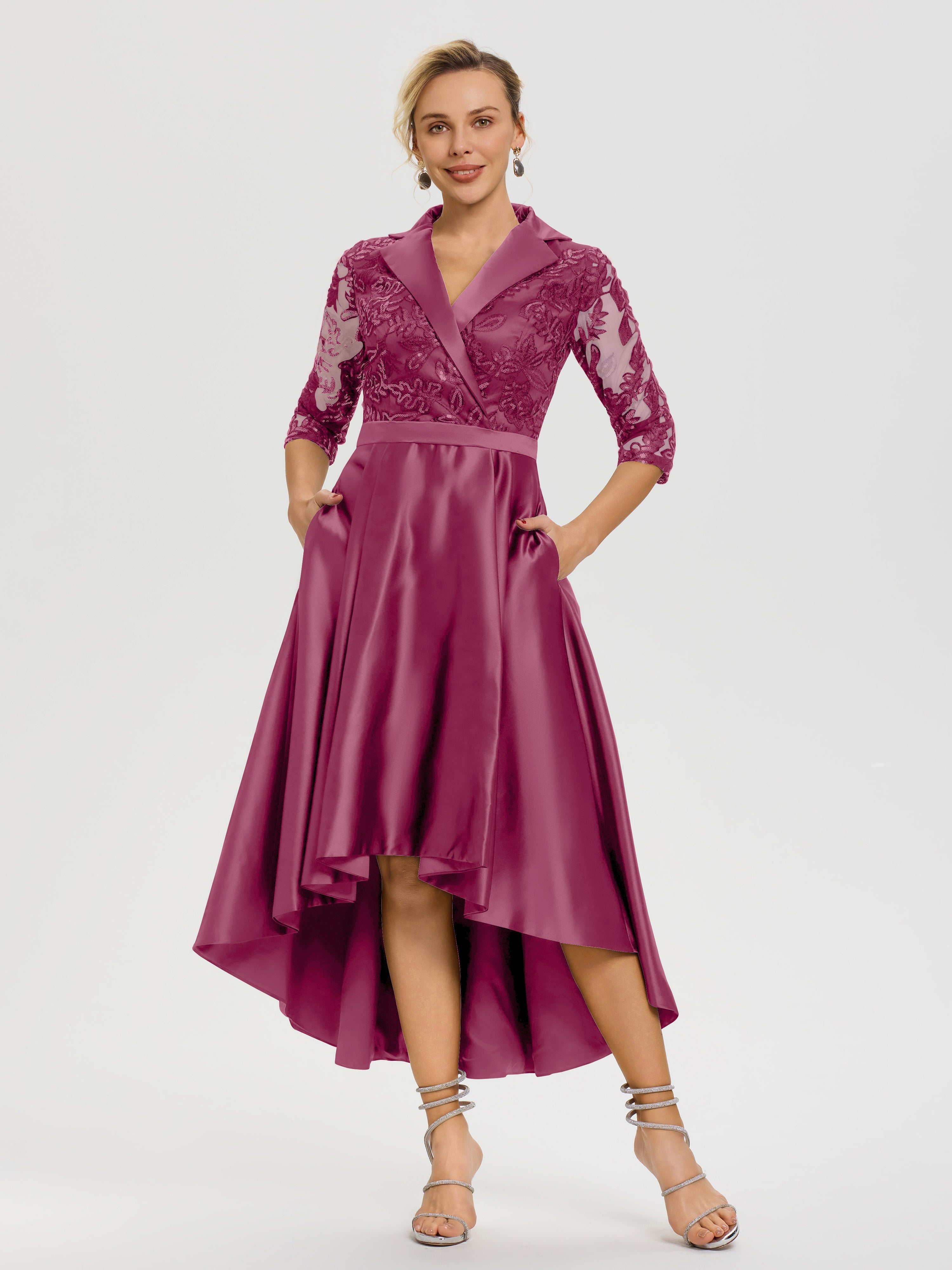 Robe De Mère Du Marié Mûre Col V Asymétrique Satin & Dentelle Robe Mère De La Mariée Moderne