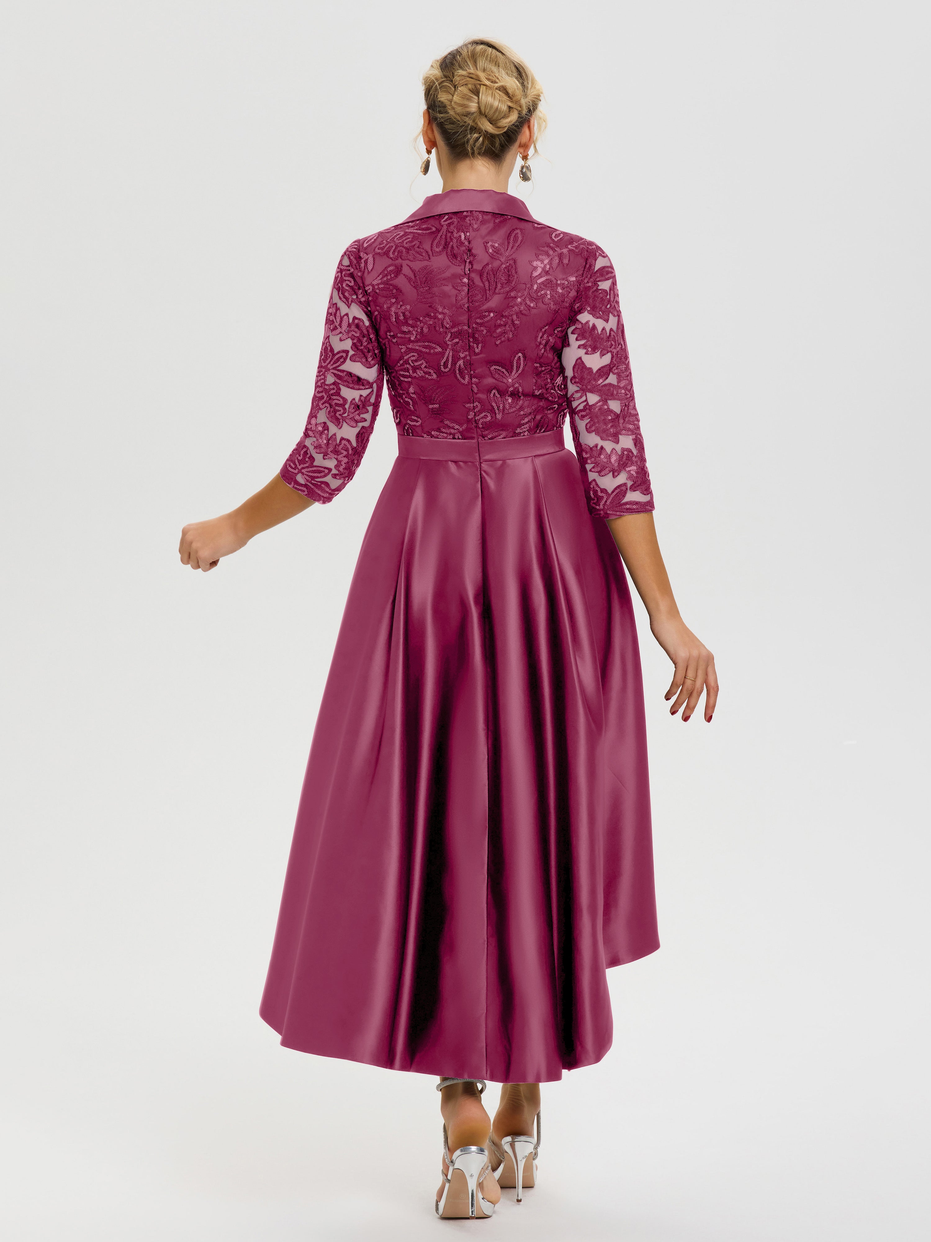 Robe De Mère Du Marié Mûre Col V Asymétrique Satin & Dentelle Robe Mère De La Mariée Moderne