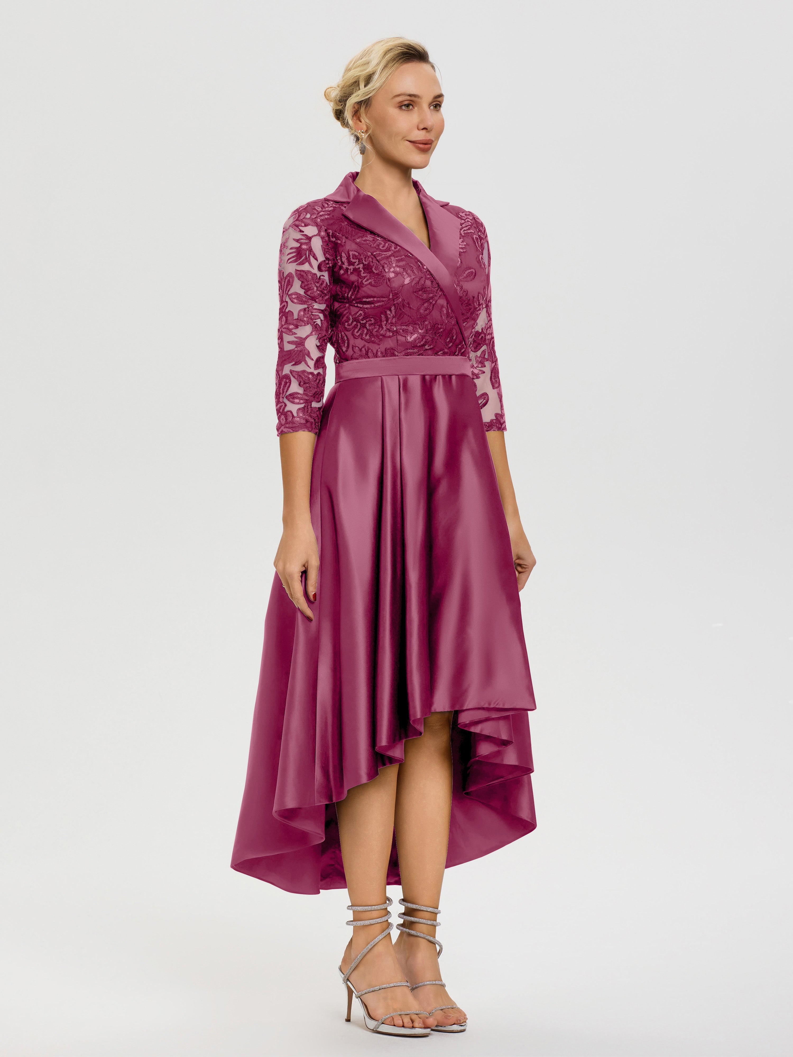 Robe De Mère Du Marié Mûre Col V Asymétrique Satin & Dentelle Robe Mère De La Mariée Moderne