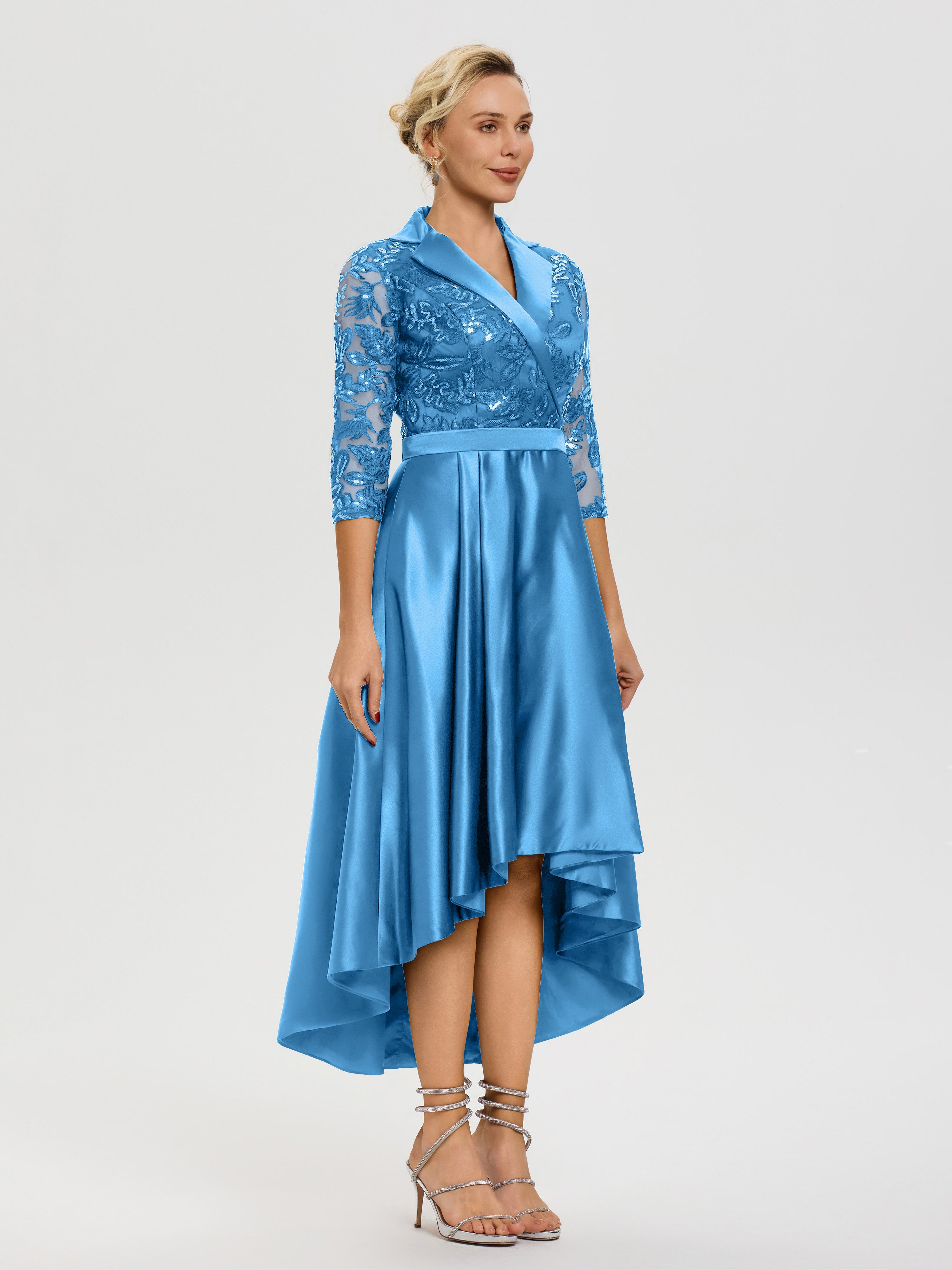 Tenue Mere Dela Mariee Bleu Océan Col V Asymétrique Satin & Dentelle Robe Mère De La Mariée Moderne