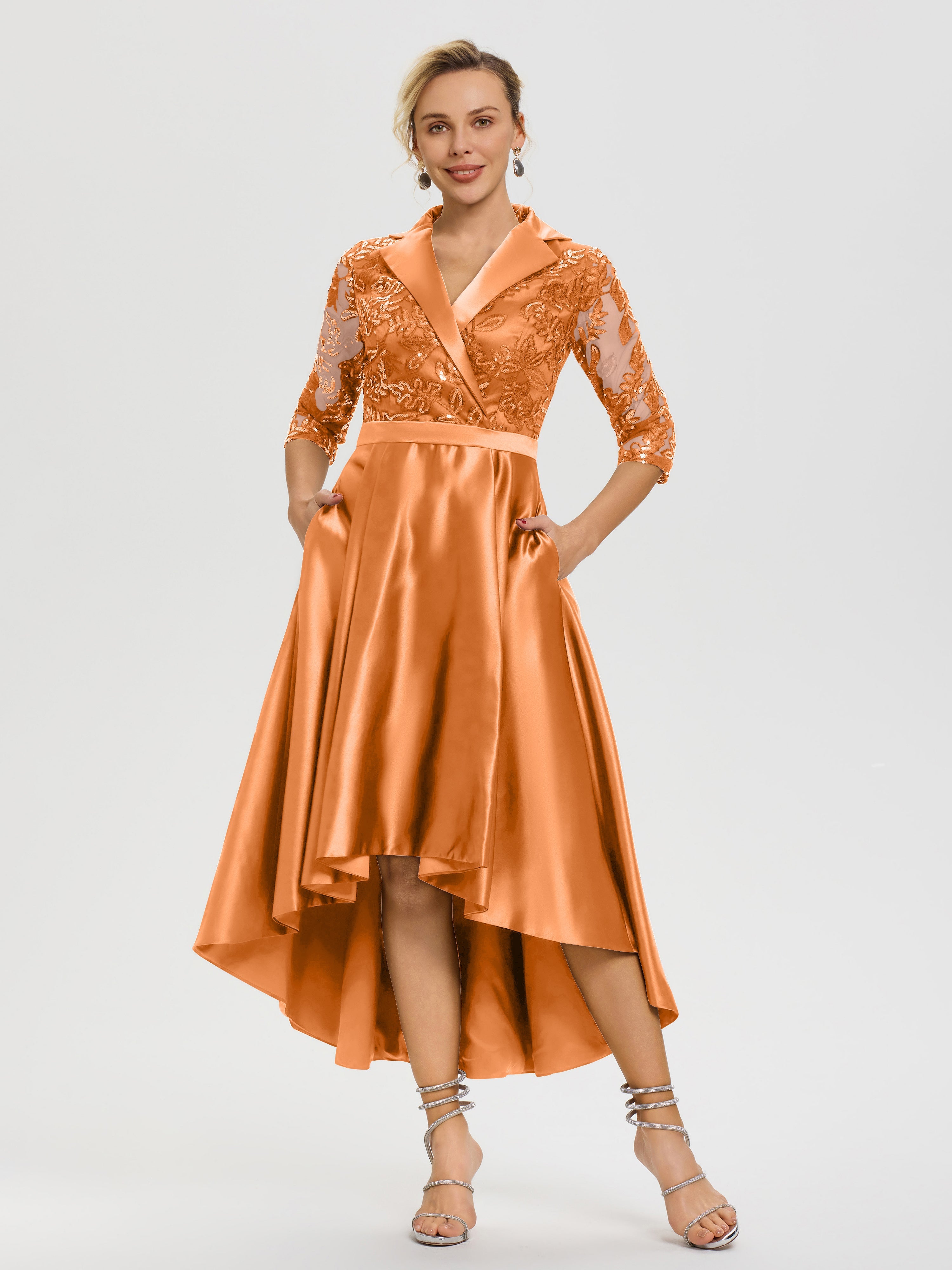Robe De Mère Du Marié Orange Col V Asymétrique Satin & Dentelle Robe Mère De La Mariée Moderne