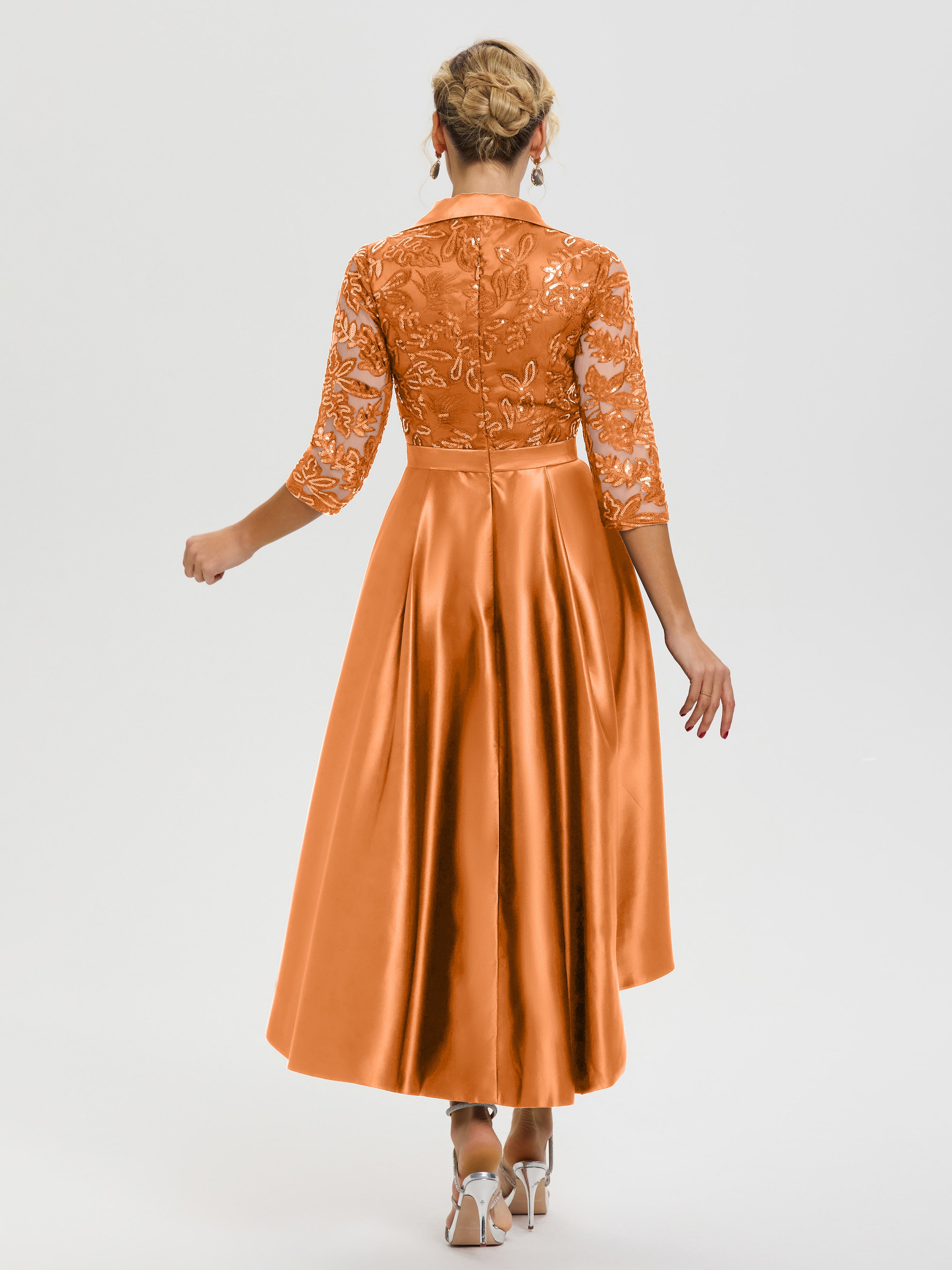 Robe De Mère Du Marié Orange Col V Asymétrique Satin & Dentelle Robe Mère De La Mariée Moderne