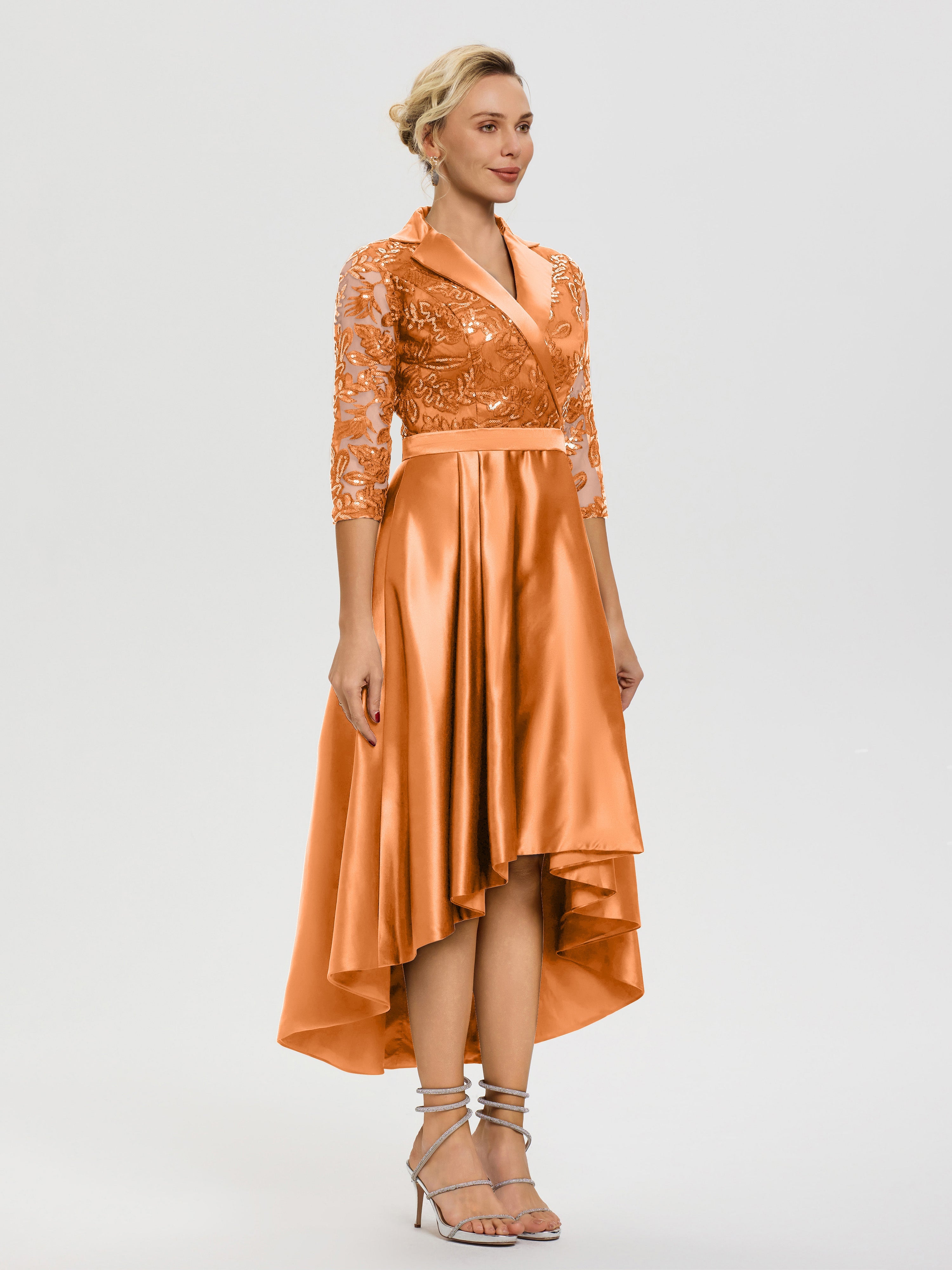 Robe De Mère Du Marié Orange Col V Asymétrique Satin & Dentelle Robe Mère De La Mariée Moderne