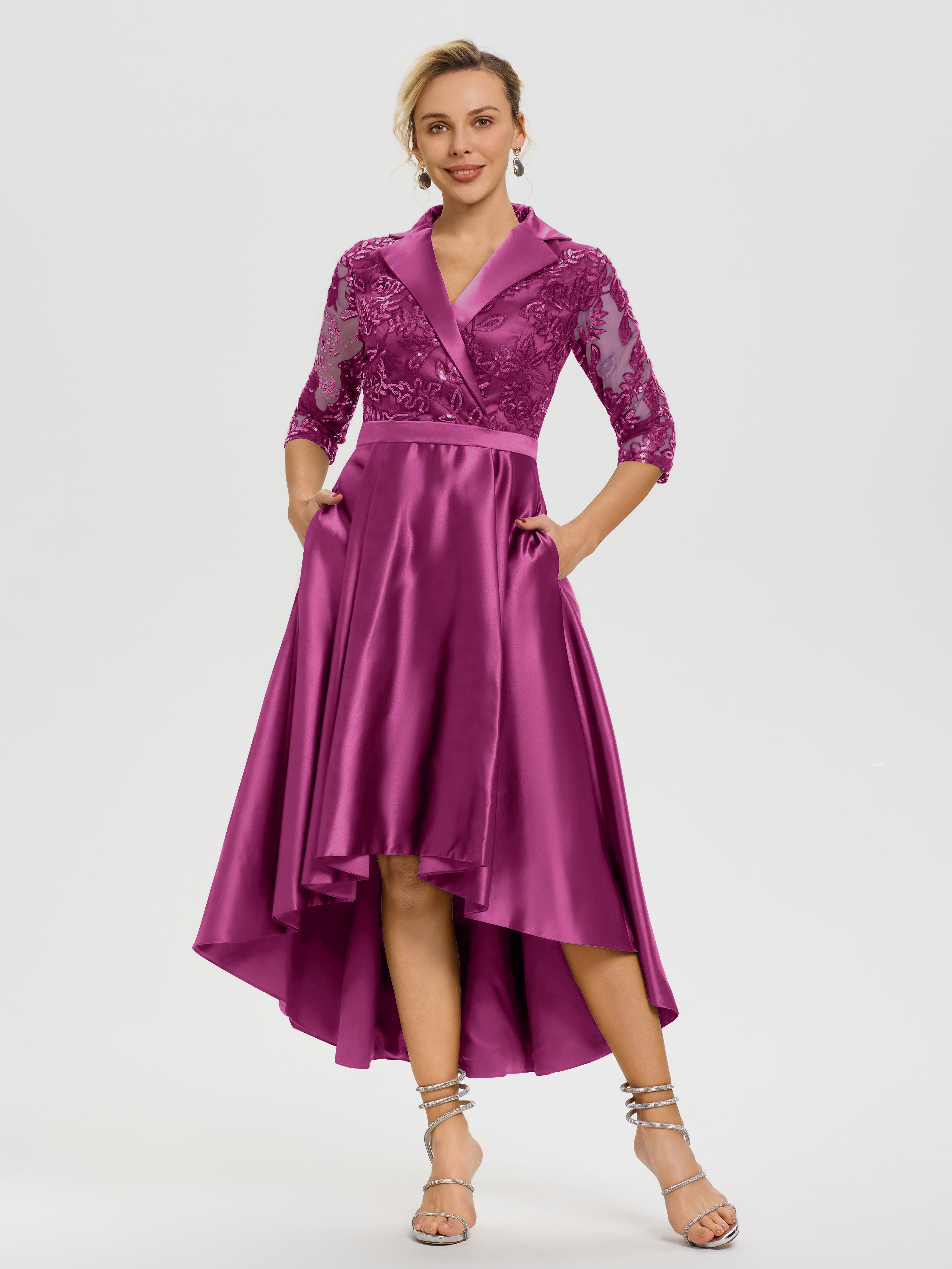 Robe Mariage Mère Du Marié Orchidée Col V Asymétrique Satin & Dentelle Robe Mère De La Mariée Moderne