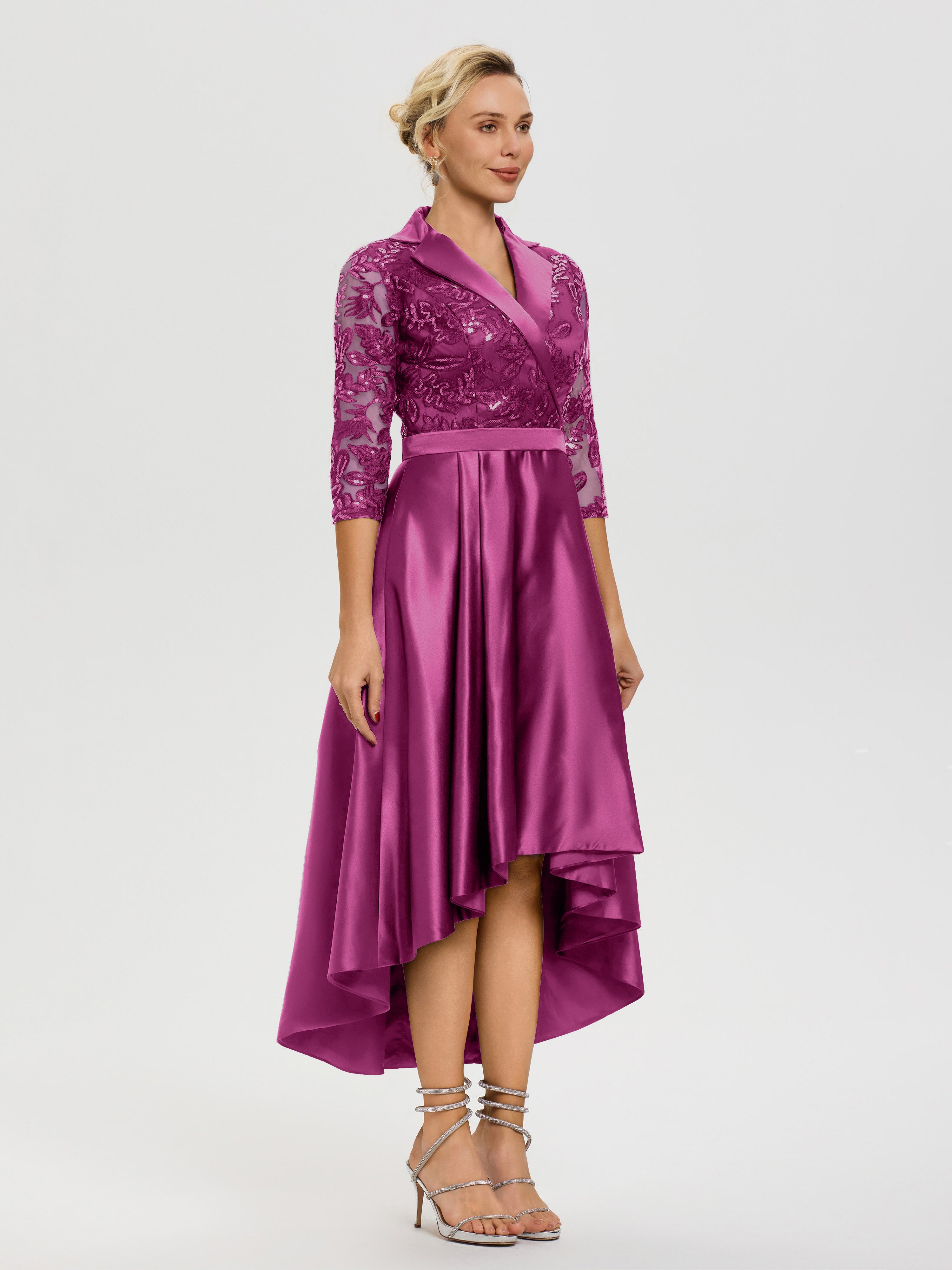 Robe Mariage Mère Du Marié Orchidée Col V Asymétrique Satin & Dentelle Robe Mère De La Mariée Moderne