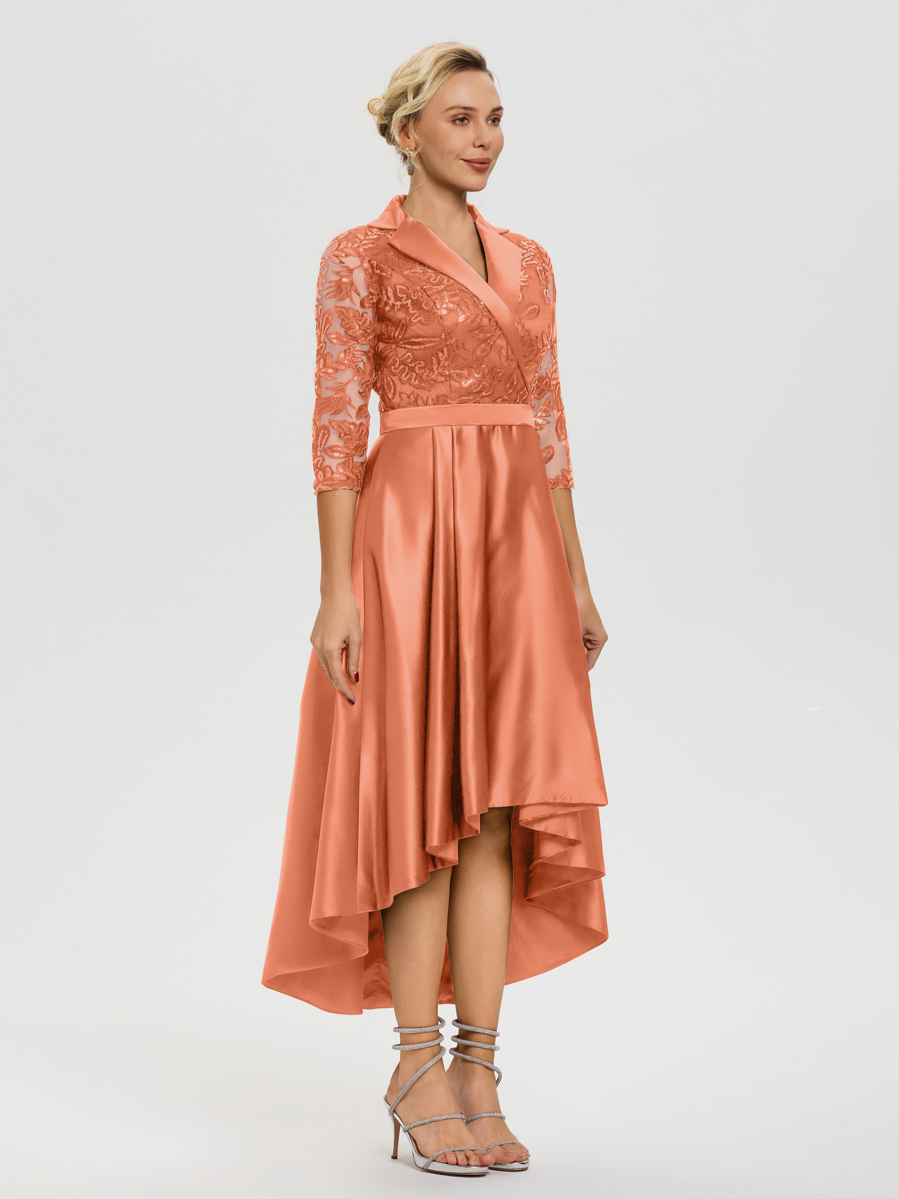 Robe Mariage Mère Du Marié Papaye Col V Asymétrique Satin & Dentelle Robe Mère De La Mariée Moderne