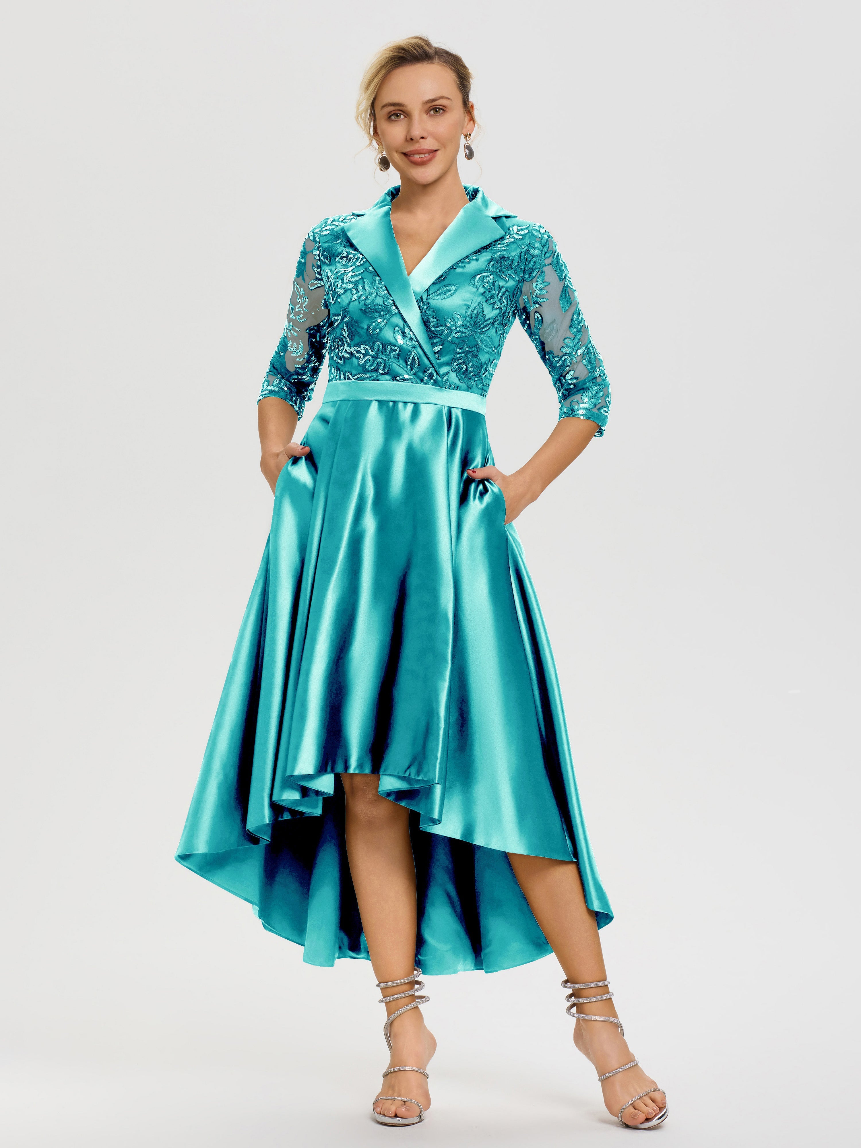Robe Mariage Mère Du Marié Paon Col V Asymétrique Satin & Dentelle Robe Mère De La Mariée Moderne
