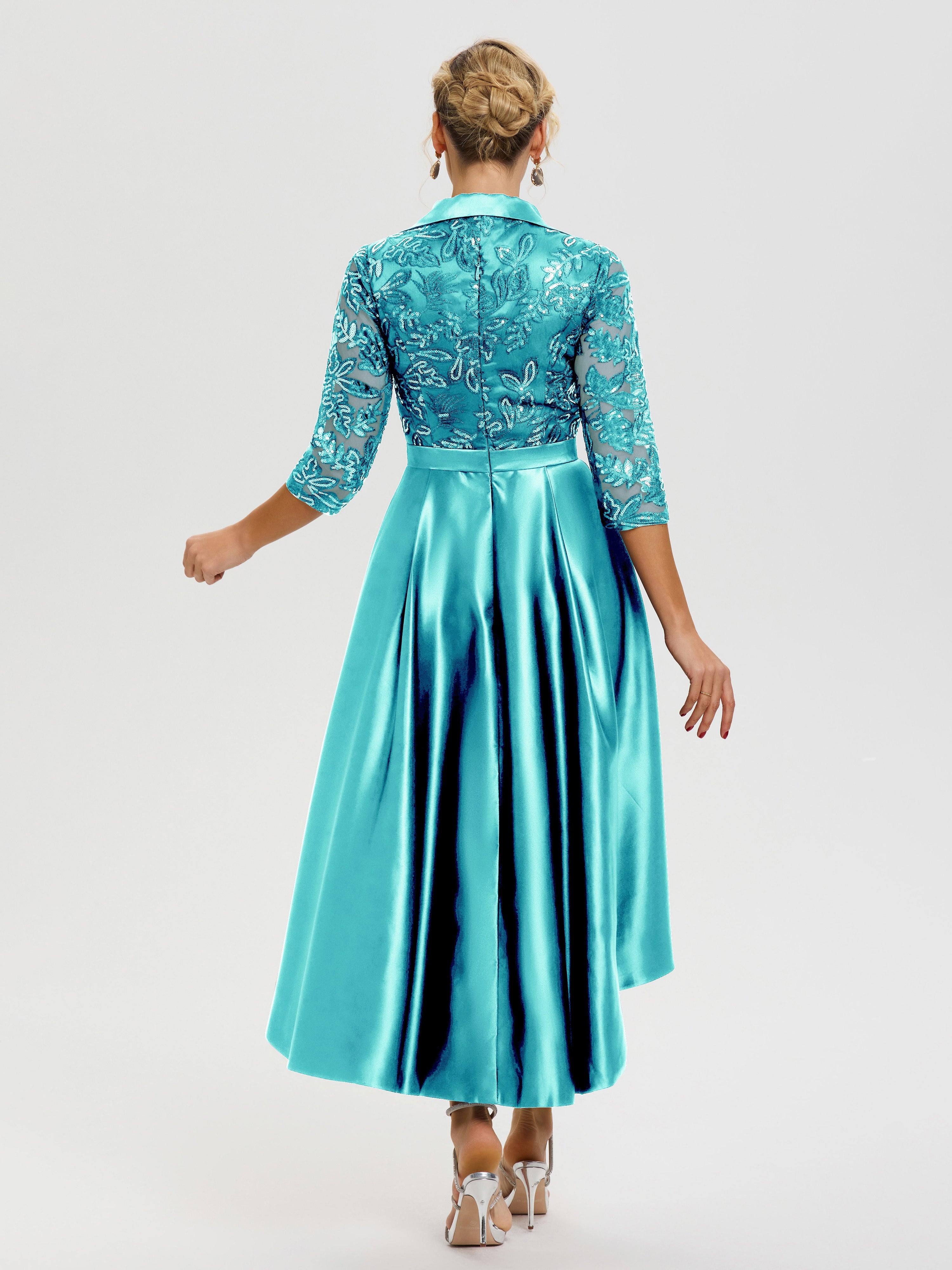 Robe Mariage Mère Du Marié Paon Col V Asymétrique Satin & Dentelle Robe Mère De La Mariée Moderne