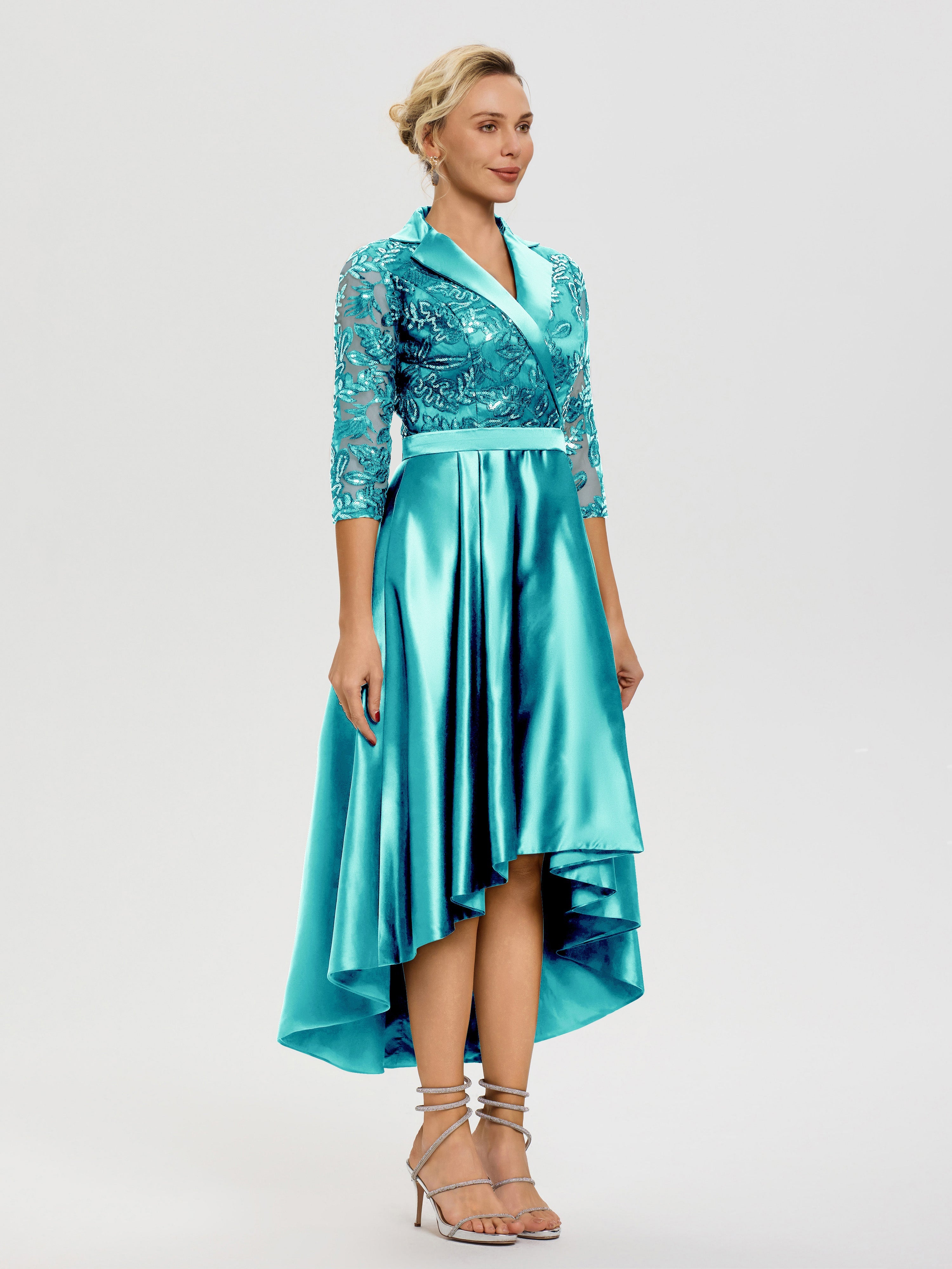 Robe Mariage Mère Du Marié Paon Col V Asymétrique Satin & Dentelle Robe Mère De La Mariée Moderne