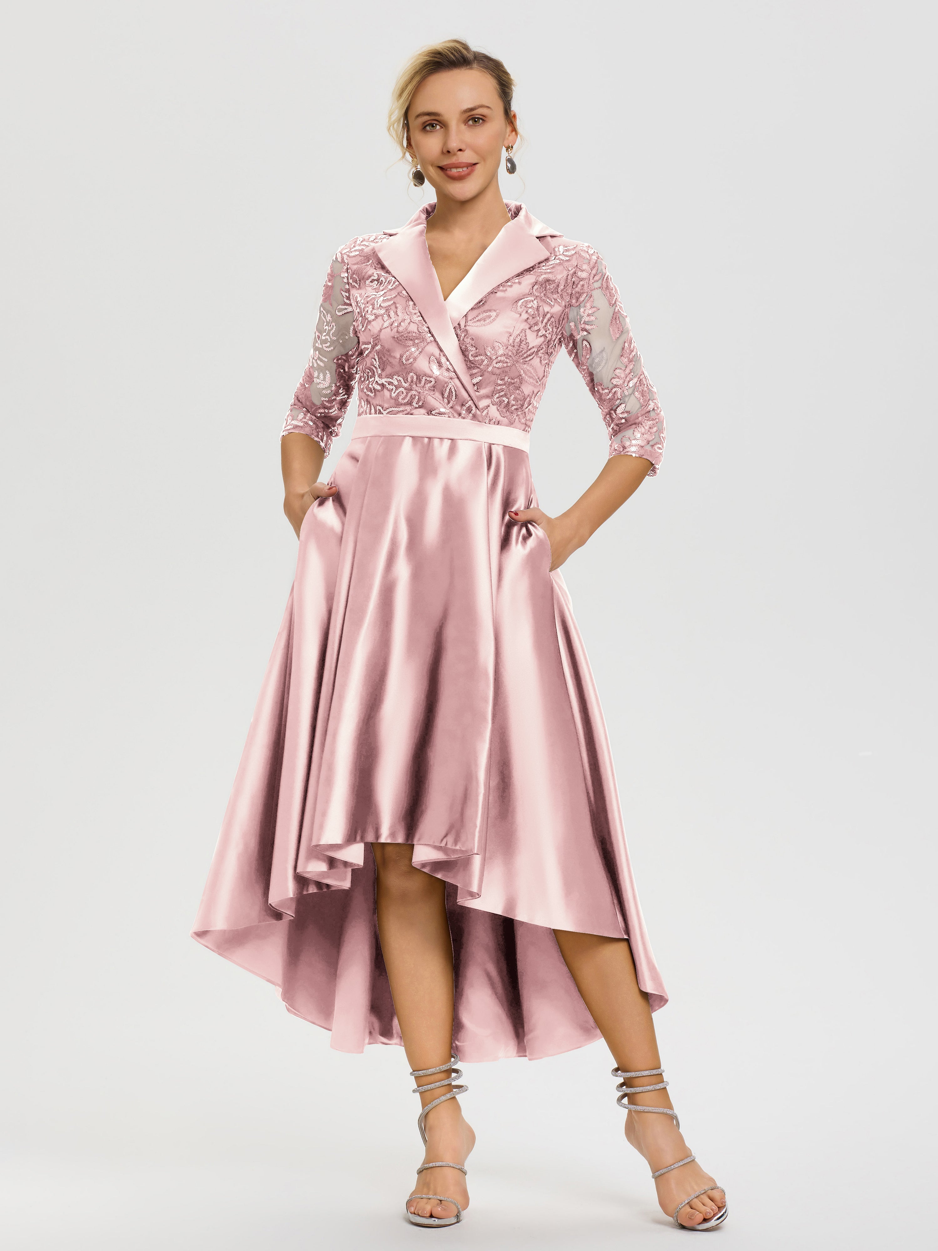 Robe Mariage Mère Du Marié Rose Perle Col V Asymétrique Satin & Dentelle Robe Mère De La Mariée Moderne