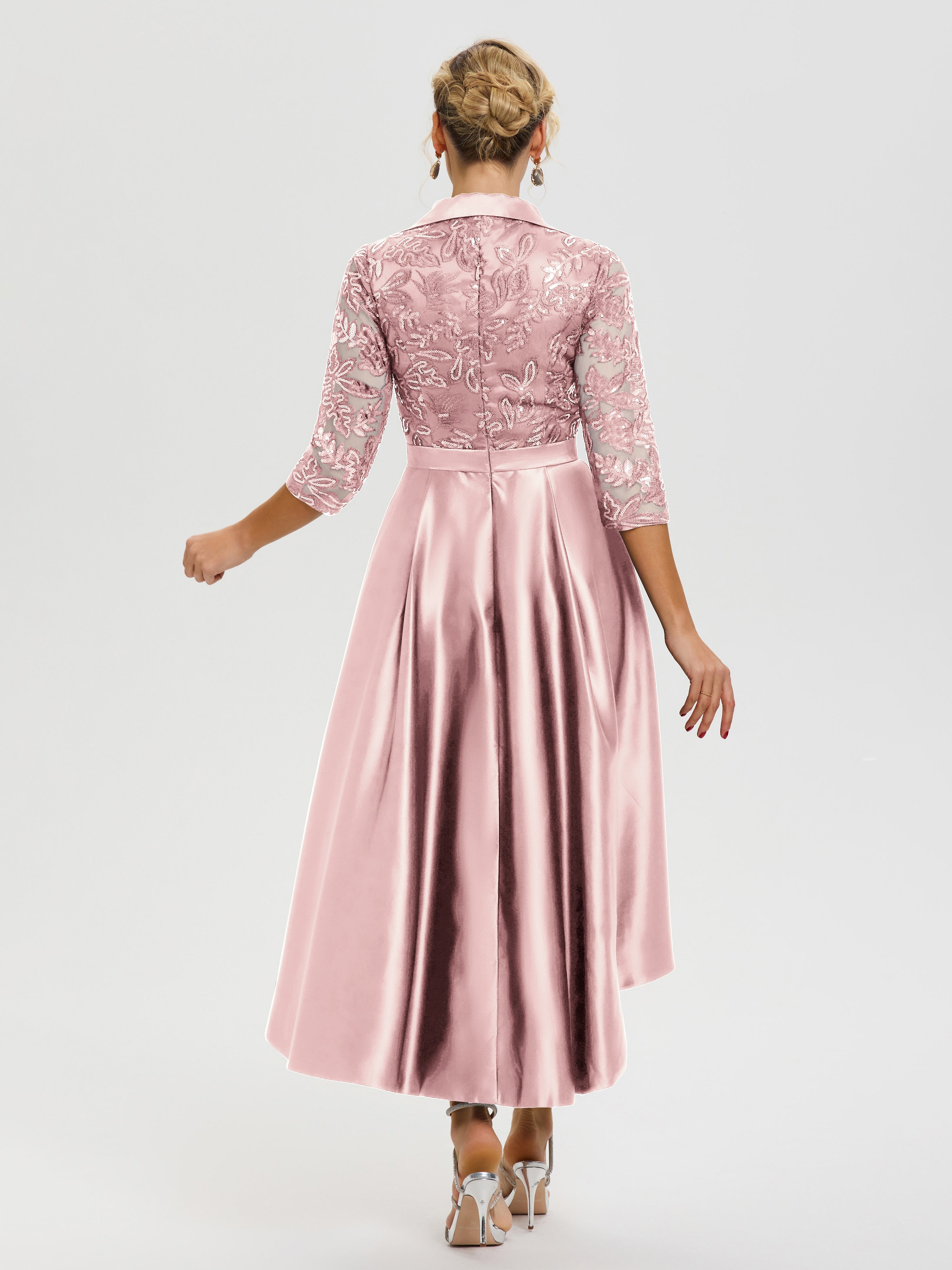 Robe Mariage Mère Du Marié Rose Perle Col V Asymétrique Satin & Dentelle Robe Mère De La Mariée Moderne