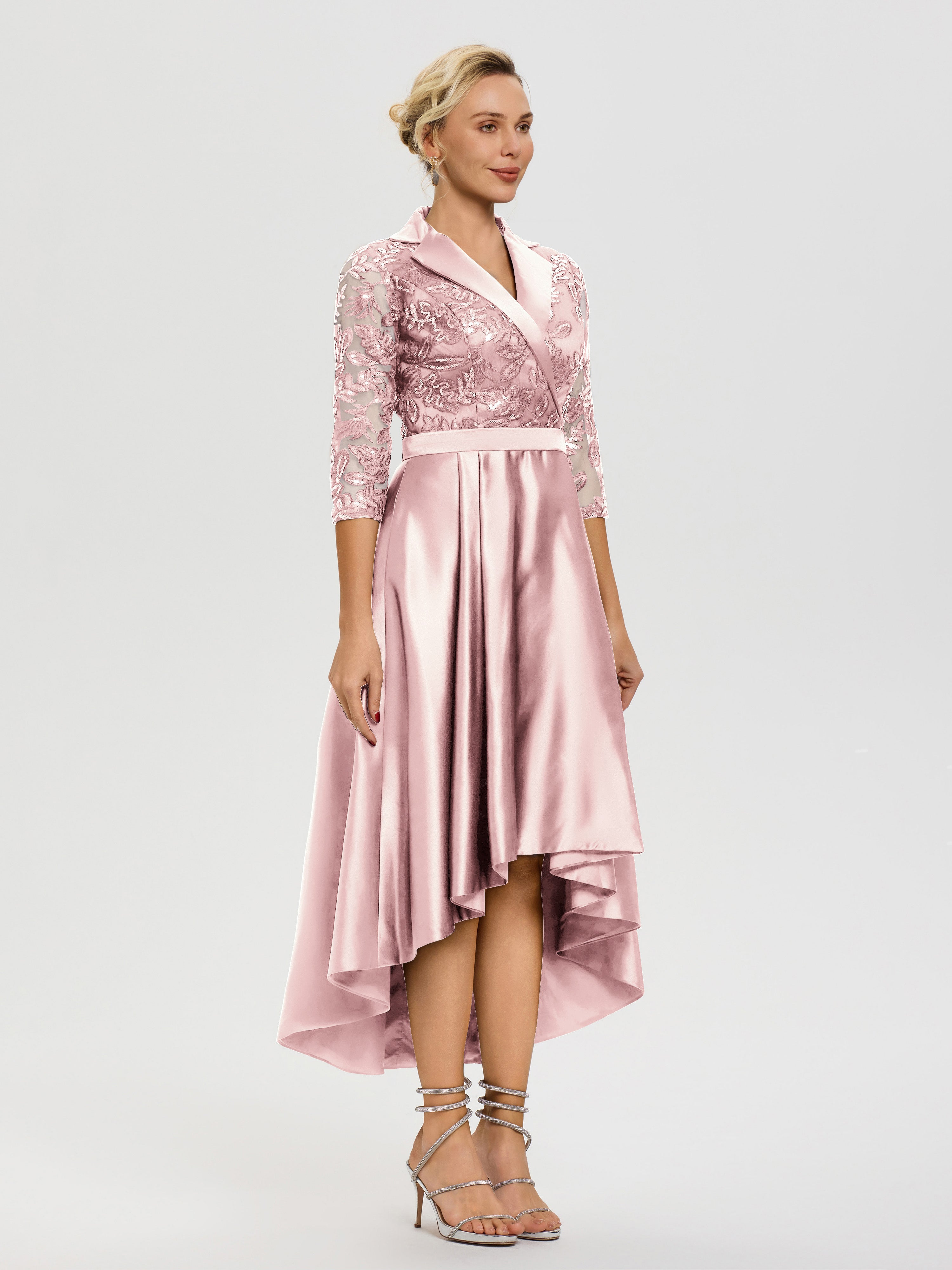 Robe Mariage Mère Du Marié Rose Perle Col V Asymétrique Satin & Dentelle Robe Mère De La Mariée Moderne