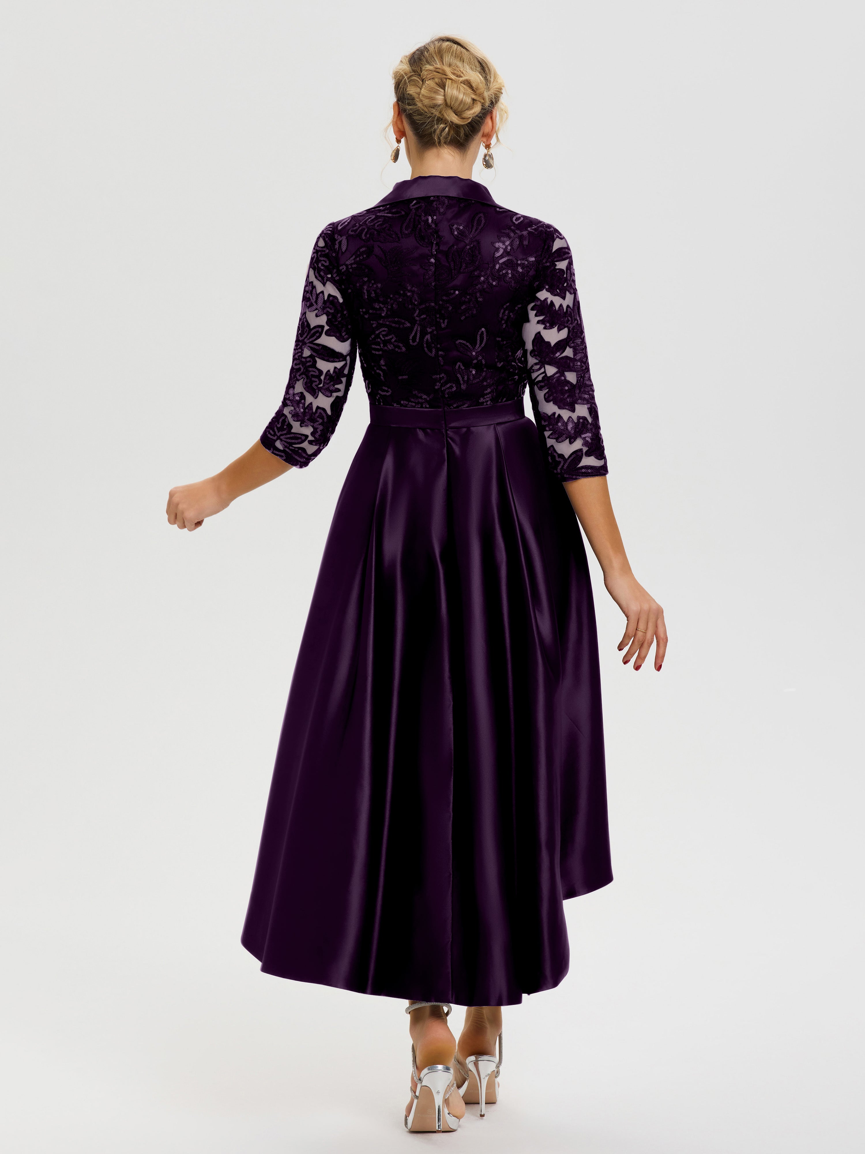 Robe Mariage Mère Du Marié Plum Col V Asymétrique Satin & Dentelle Robe Mère De La Mariée Moderne