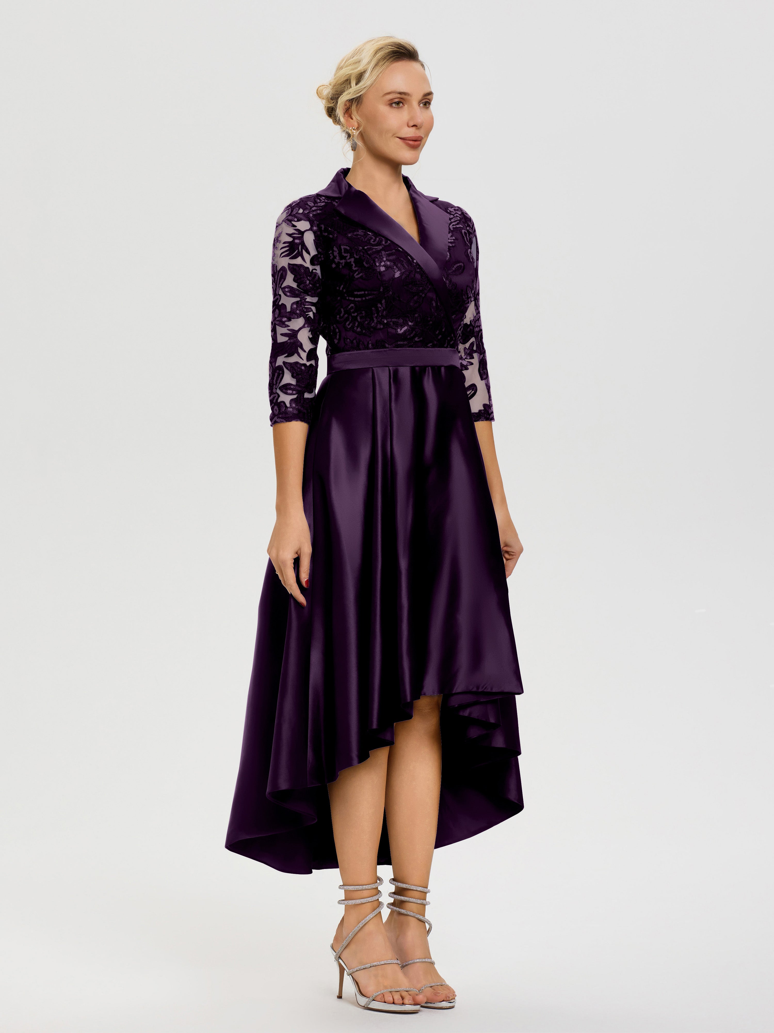 Robe Mariage Mère Du Marié Plum Col V Asymétrique Satin & Dentelle Robe Mère De La Mariée Moderne