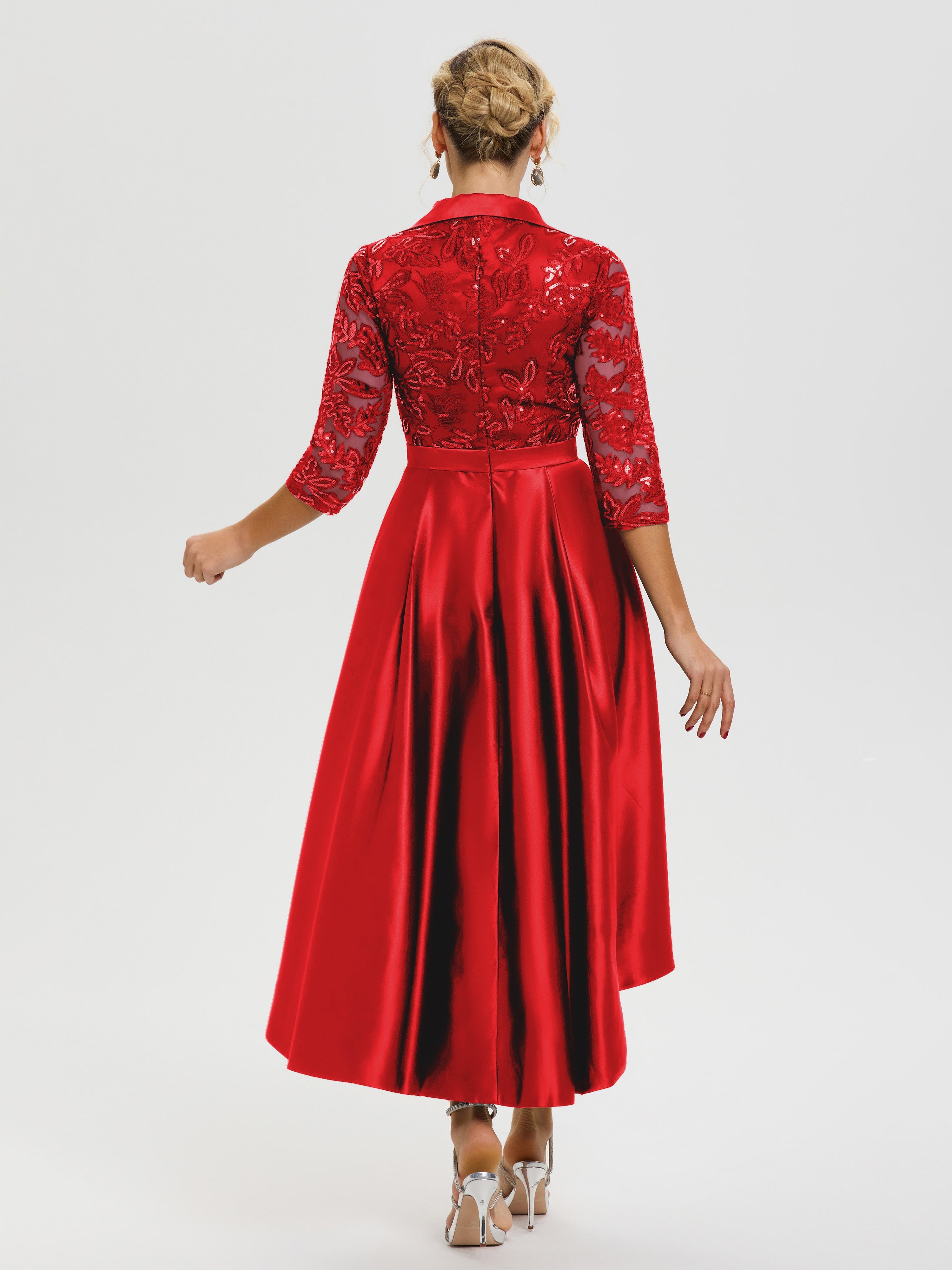 Robe Mariage Mère Du Marié Rouge Col V Asymétrique Satin & Dentelle Robe Mère De La Mariée Moderne