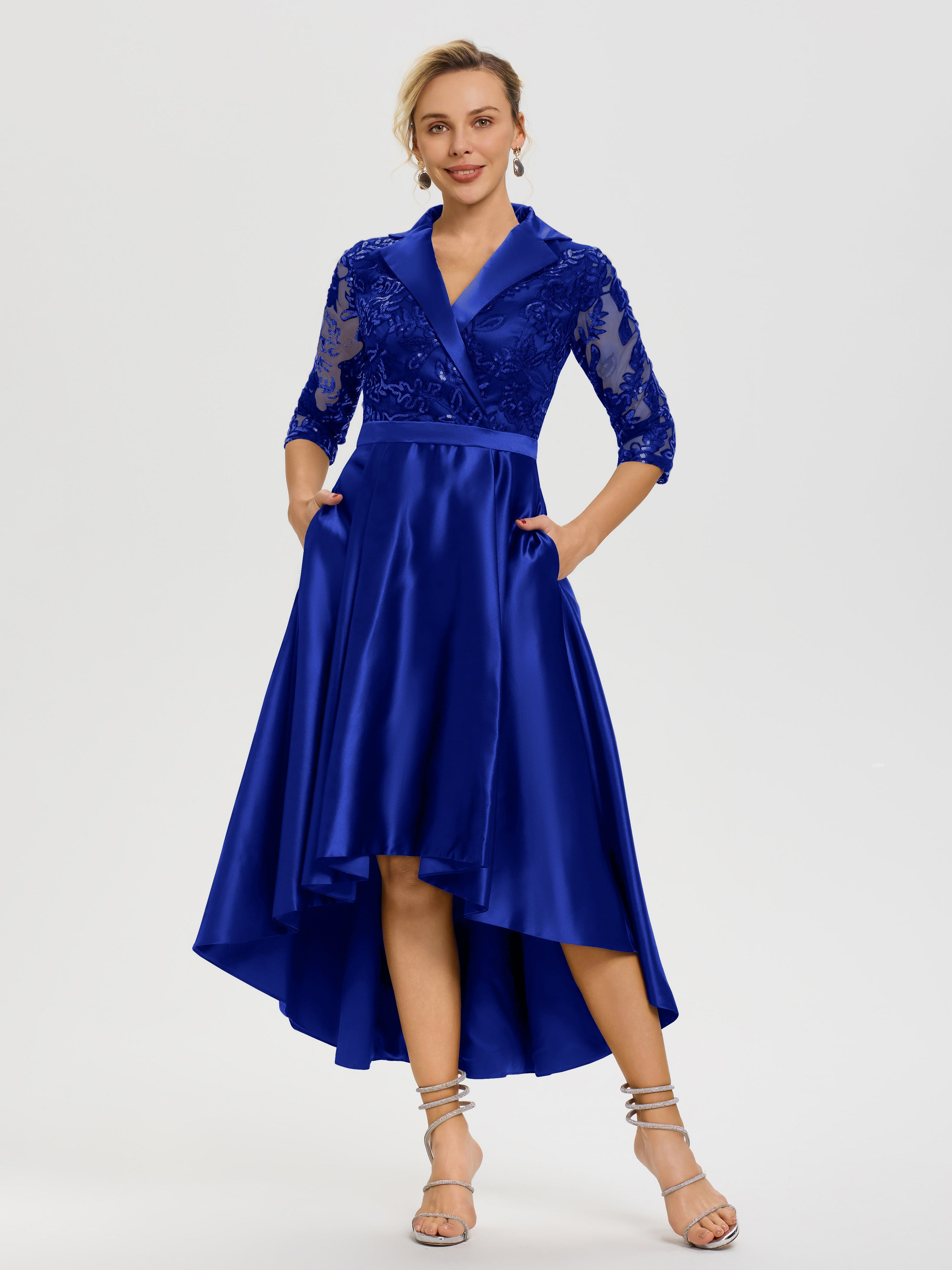Tenue Mere Dela Mariee Bleu Royale Col V Asymétrique Satin & Dentelle Robe Mère De La Mariée Moderne