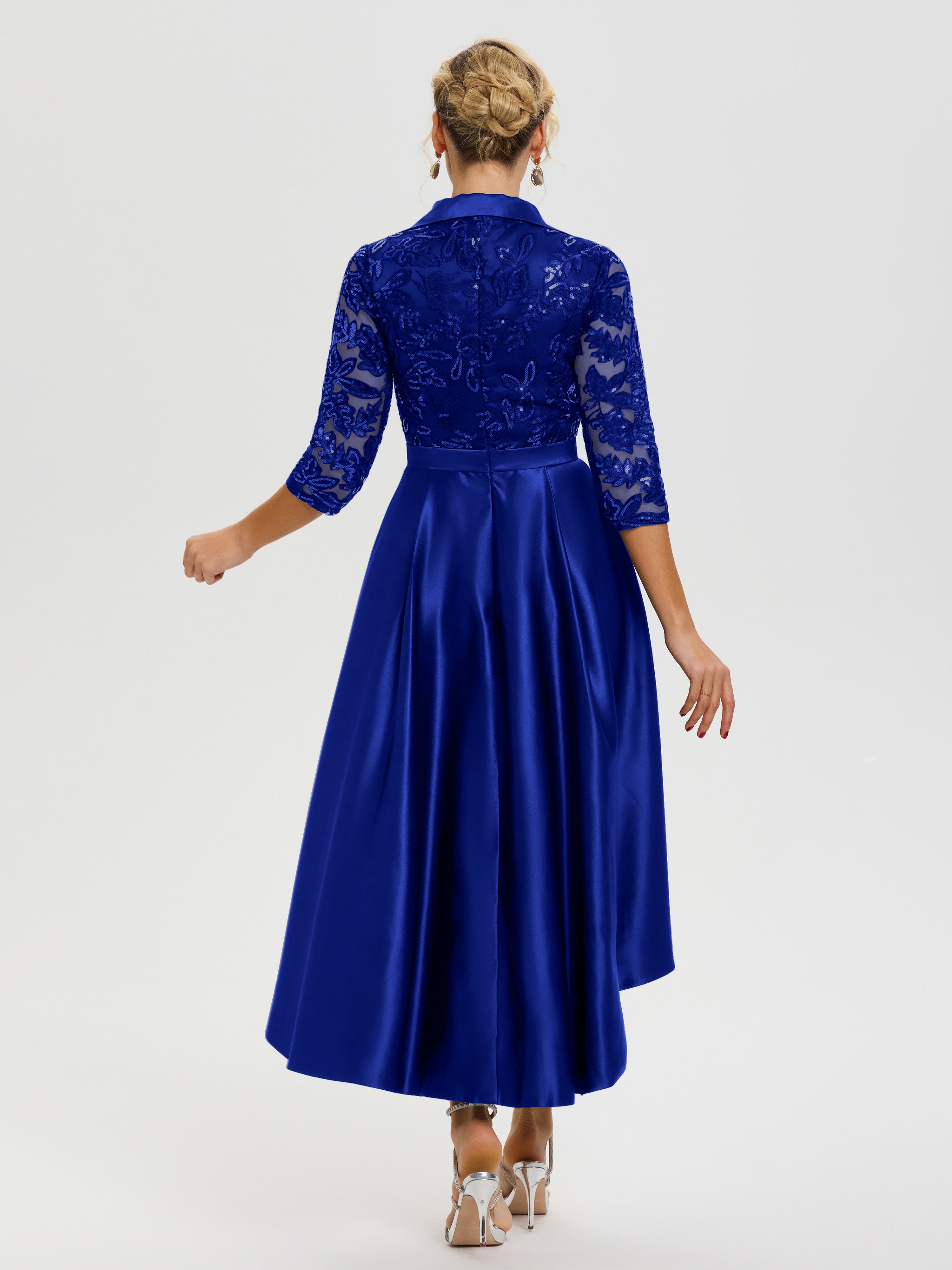 Tenue Mere Dela Mariee Bleu Royale Col V Asymétrique Satin & Dentelle Robe Mère De La Mariée Moderne