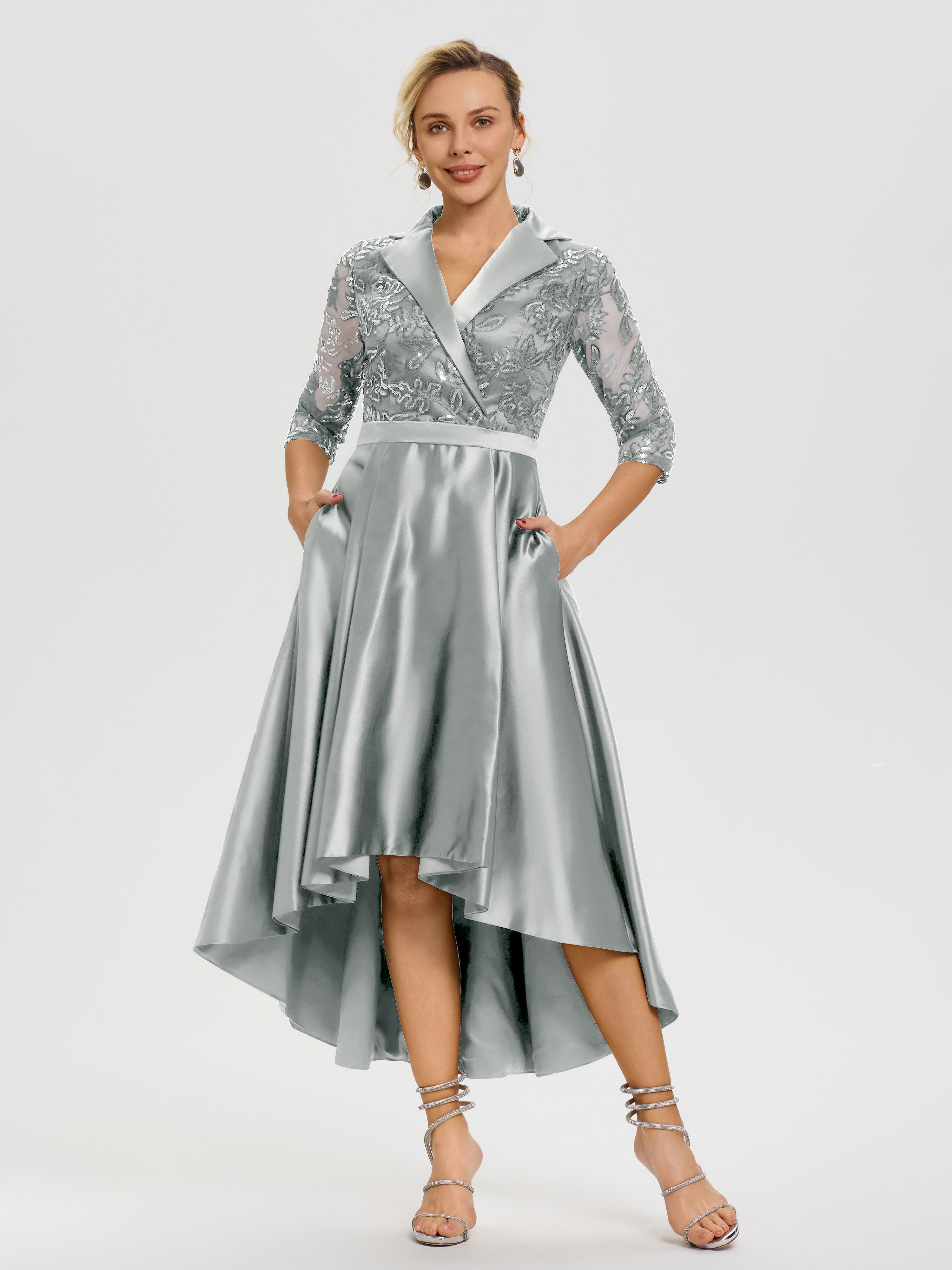 Tenue Mere Dela Mariee Argent Col V Asymétrique Satin & Dentelle Robe Mère De La Mariée Moderne