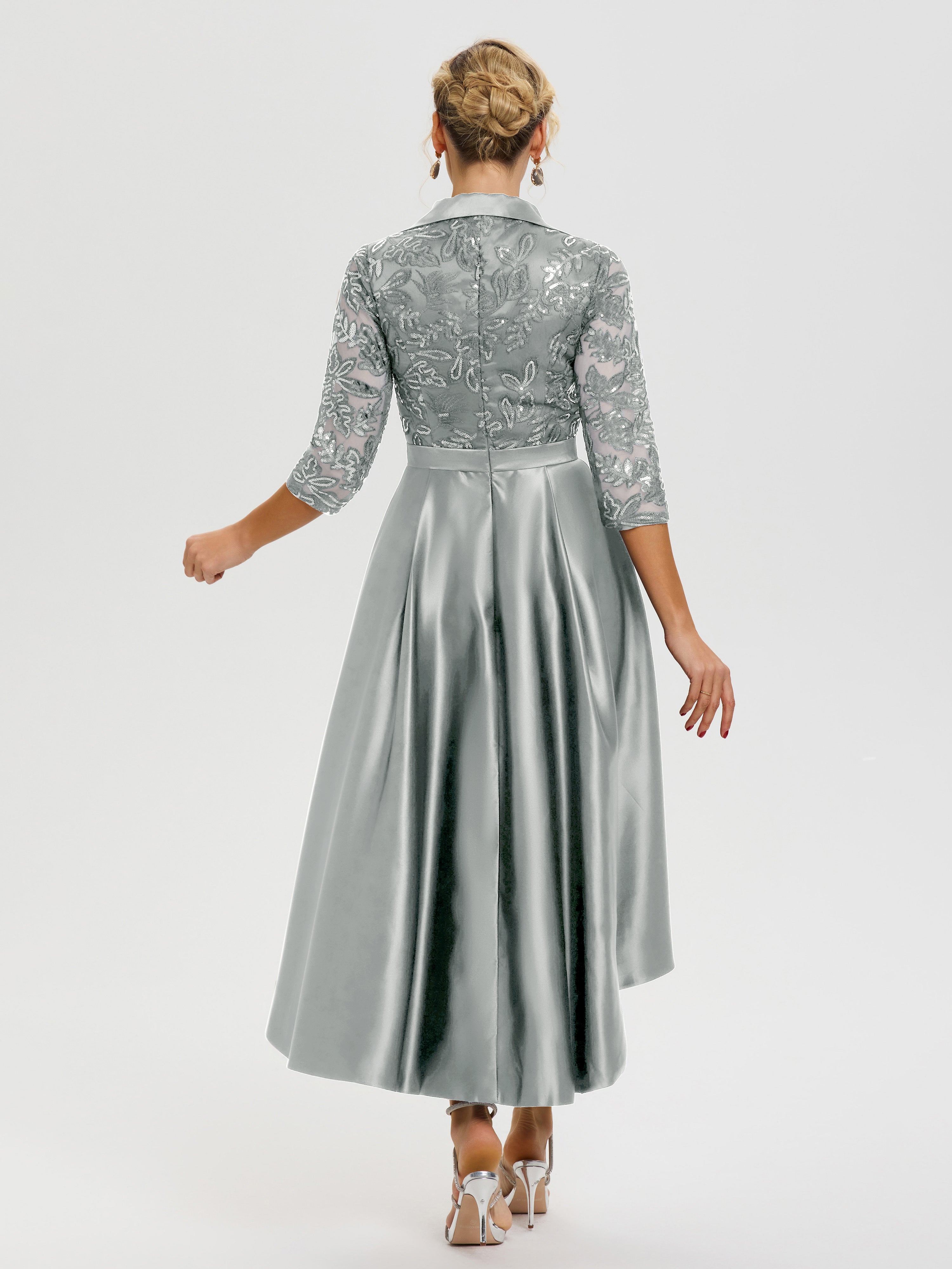 Tenue Mere Dela Mariee Argent Col V Asymétrique Satin & Dentelle Robe Mère De La Mariée Moderne