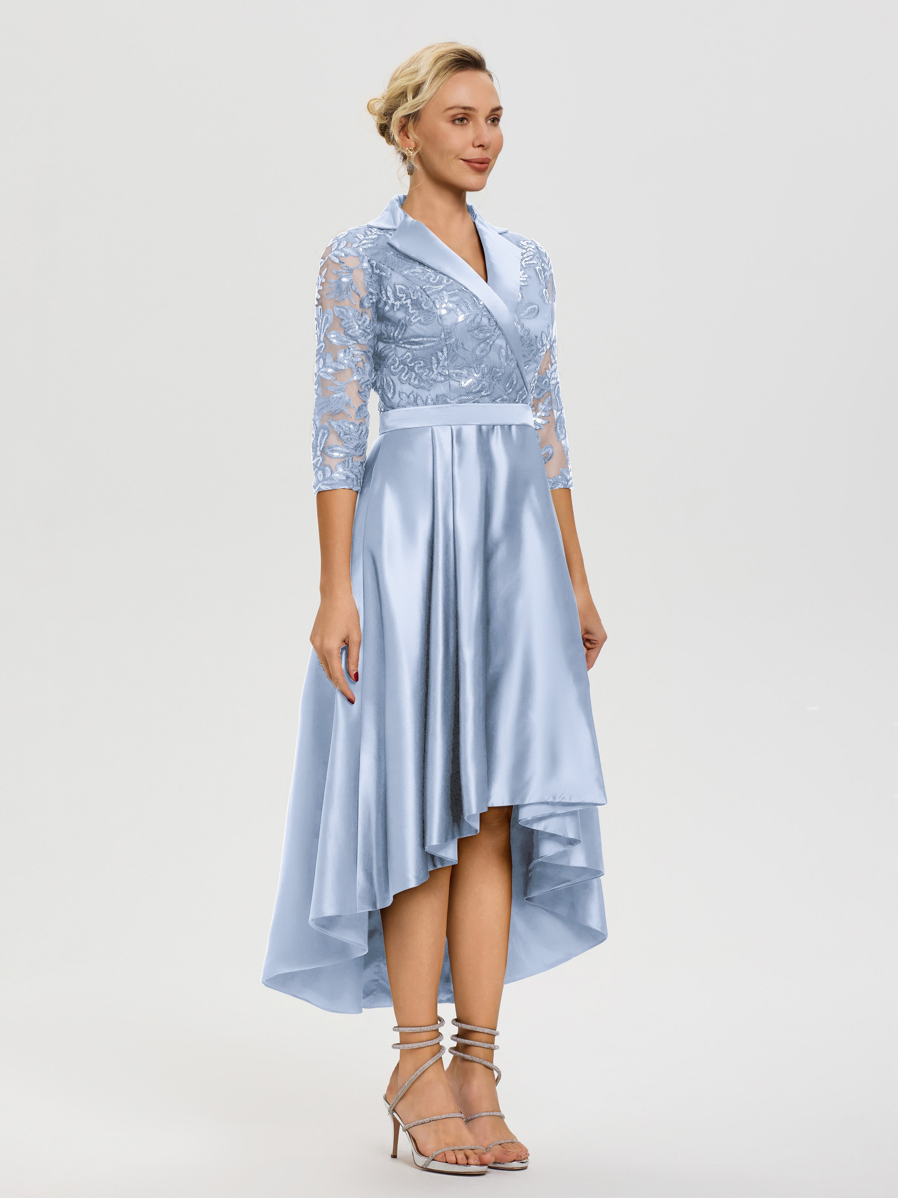 Tenue Mere Dela Mariee Bleu Ciel Col V Asymétrique Satin & Dentelle Robe Mère De La Mariée Moderne