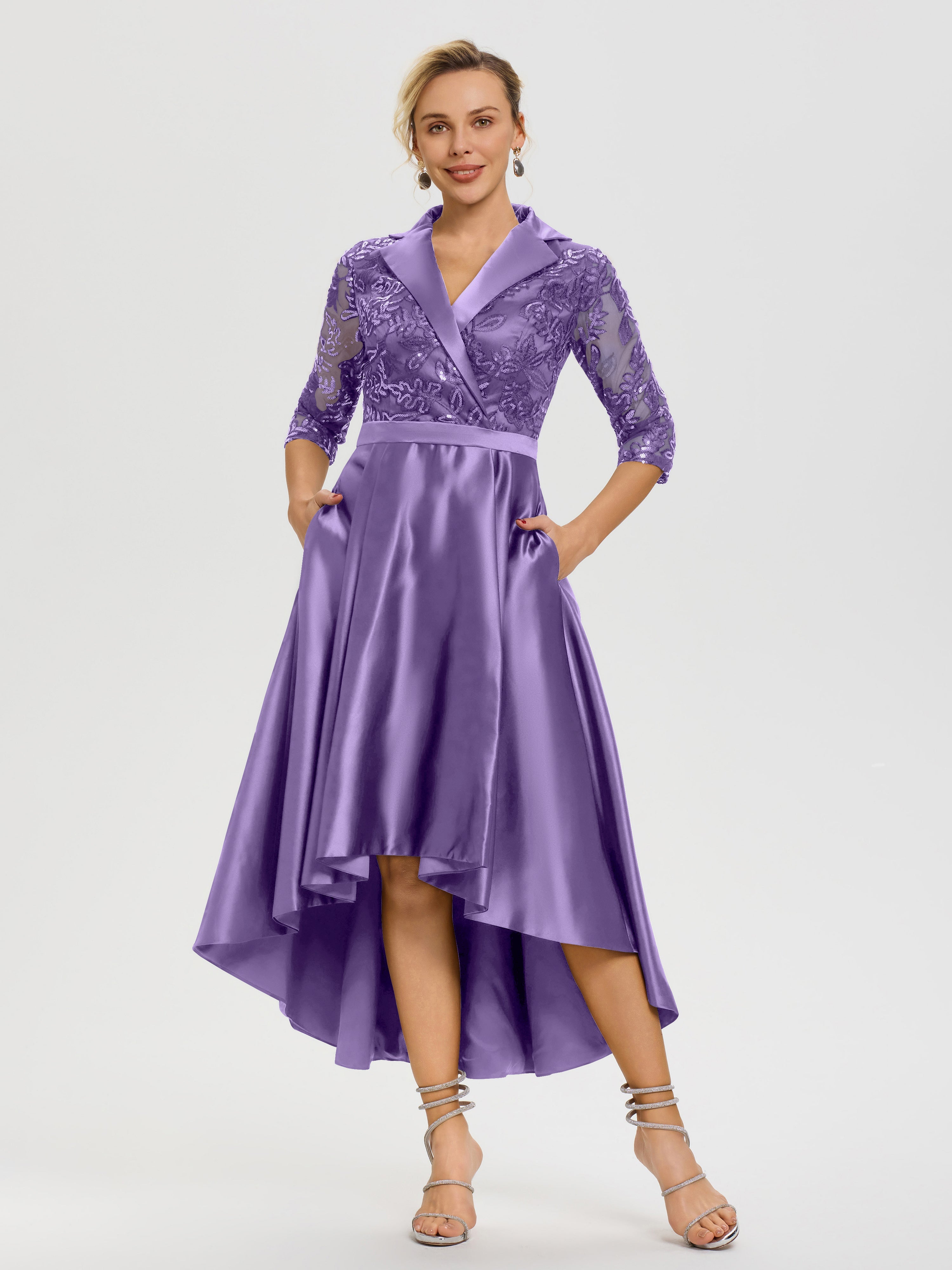 Robe Mère De La Mariée Chic Tahiti Col V Asymétrique Satin & Dentelle Robe Mère De La Mariée Moderne