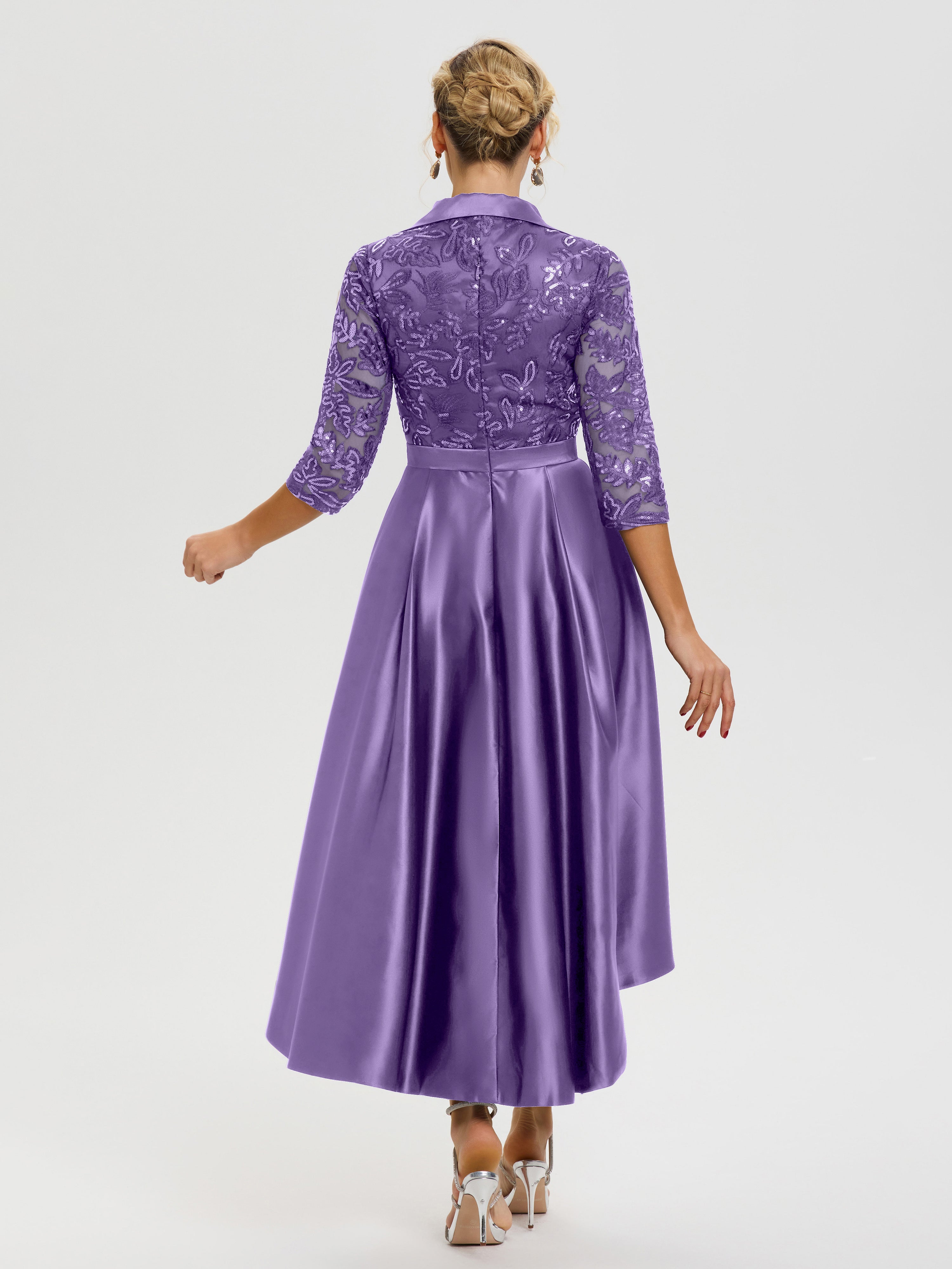 Robe Mère De La Mariée Chic Tahiti Col V Asymétrique Satin & Dentelle Robe Mère De La Mariée Moderne