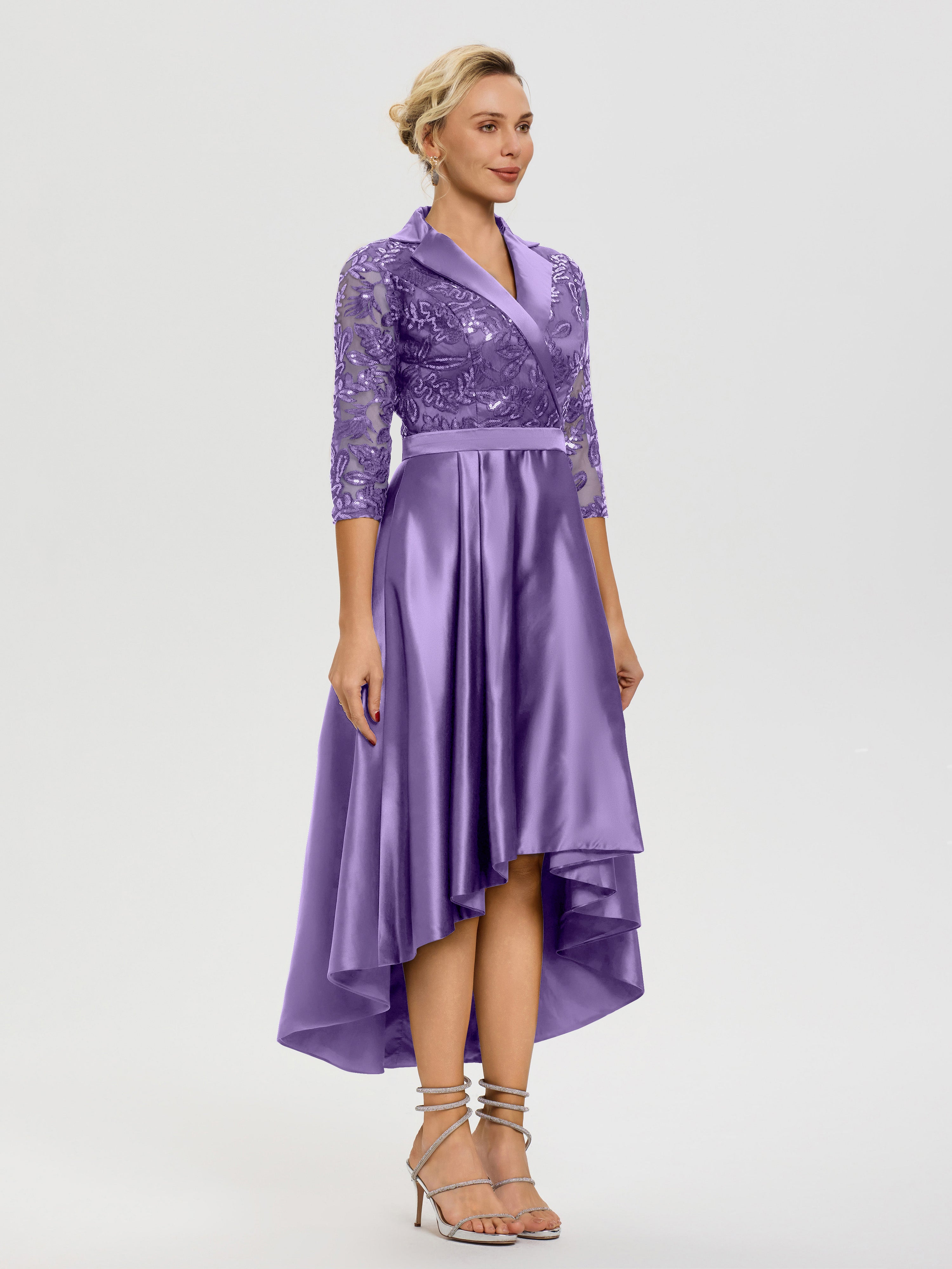 Robe Mère De La Mariée Chic Tahiti Col V Asymétrique Satin & Dentelle Robe Mère De La Mariée Moderne