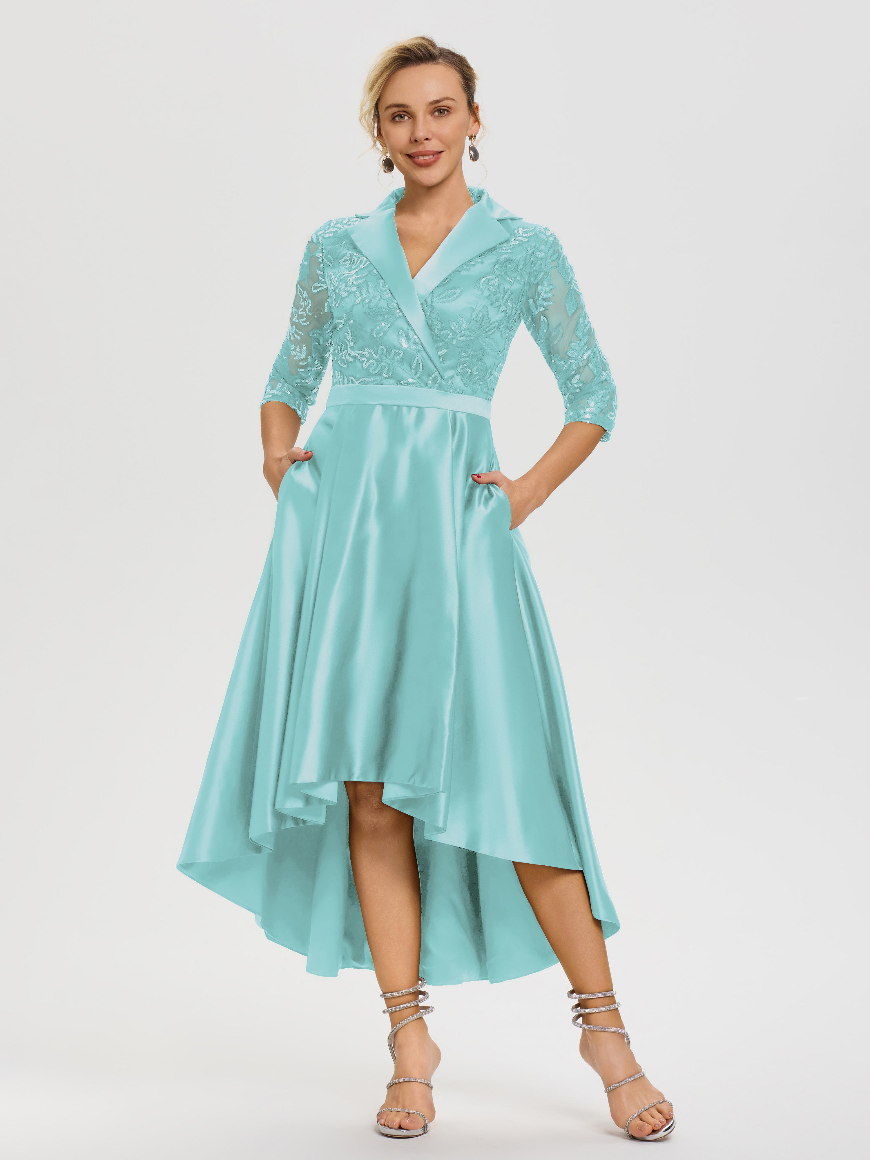 Robe Mère De La Mariée Chic Turquoise Col V Asymétrique Satin & Dentelle Robe Mère De La Mariée Moderne
