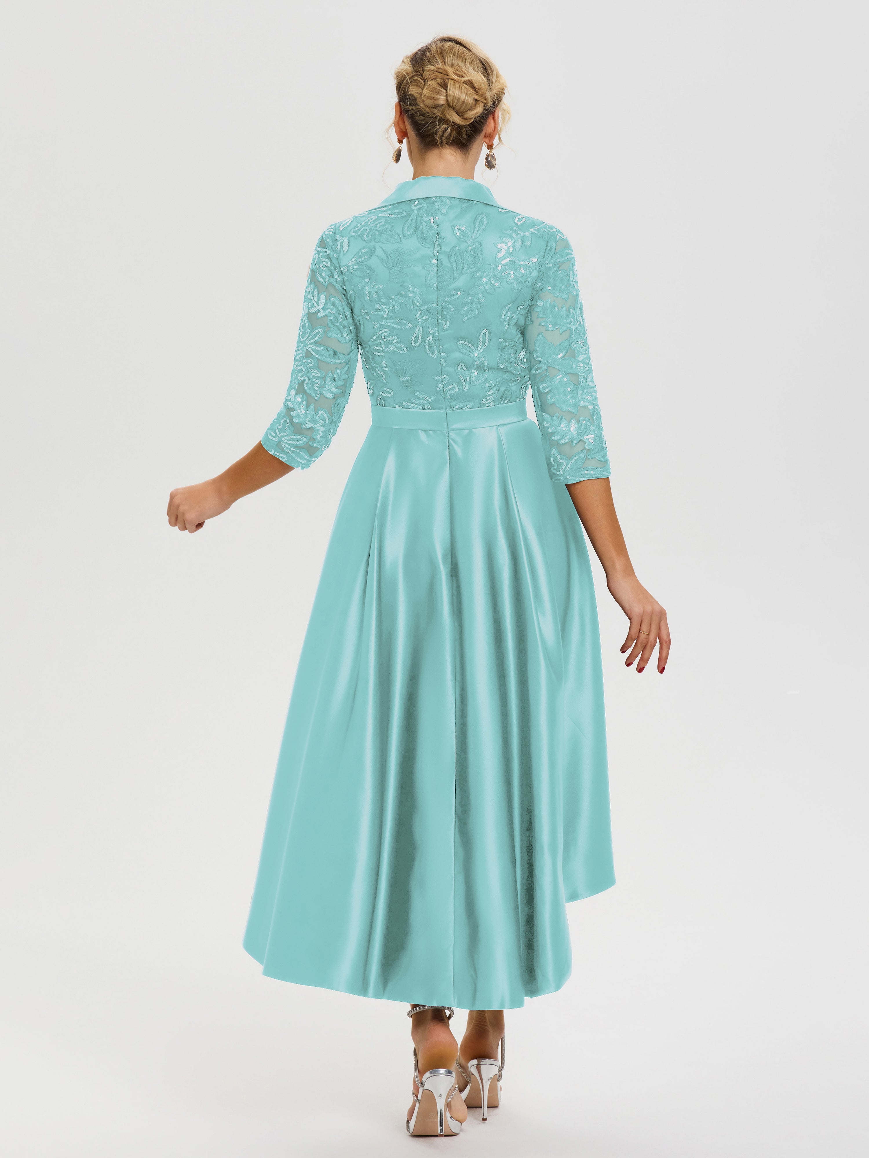 Robe Mère De La Mariée Chic Turquoise Col V Asymétrique Satin & Dentelle Robe Mère De La Mariée Moderne