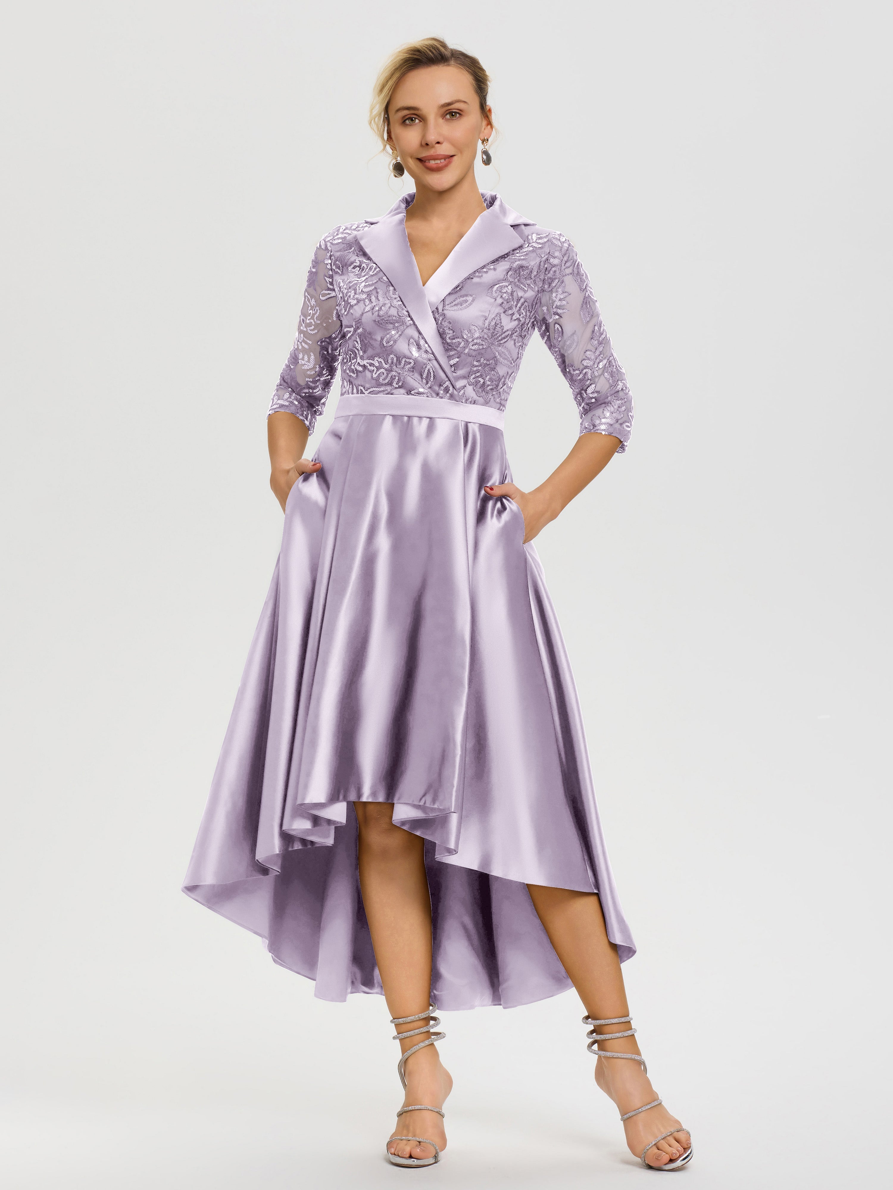 Robe Mère De La Mariée Chic Vintage Mauve Col V Asymétrique Satin & Dentelle Robe Mère De La Mariée Moderne