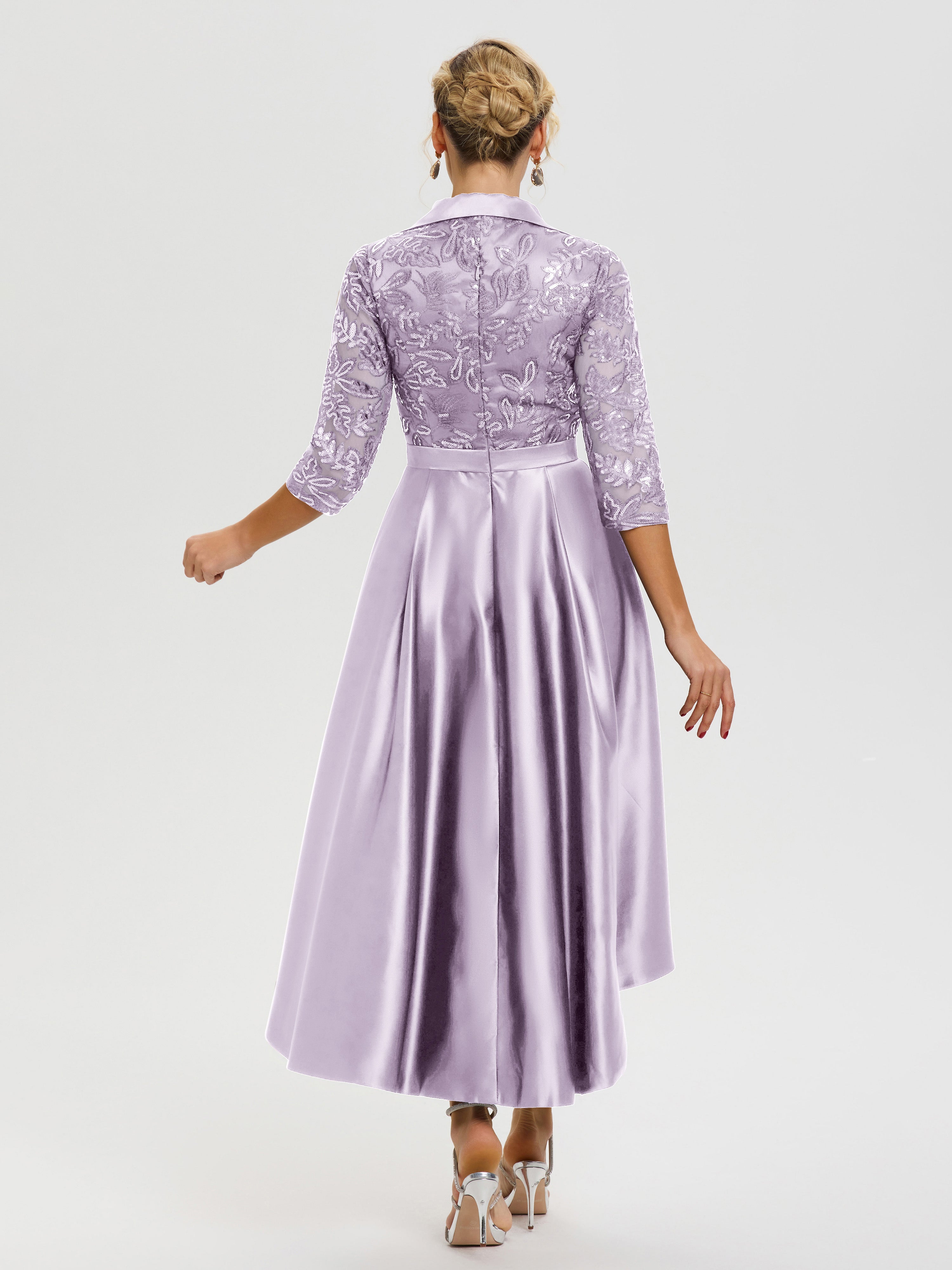 Robe Mère De La Mariée Chic Vintage Mauve Col V Asymétrique Satin & Dentelle Robe Mère De La Mariée Moderne