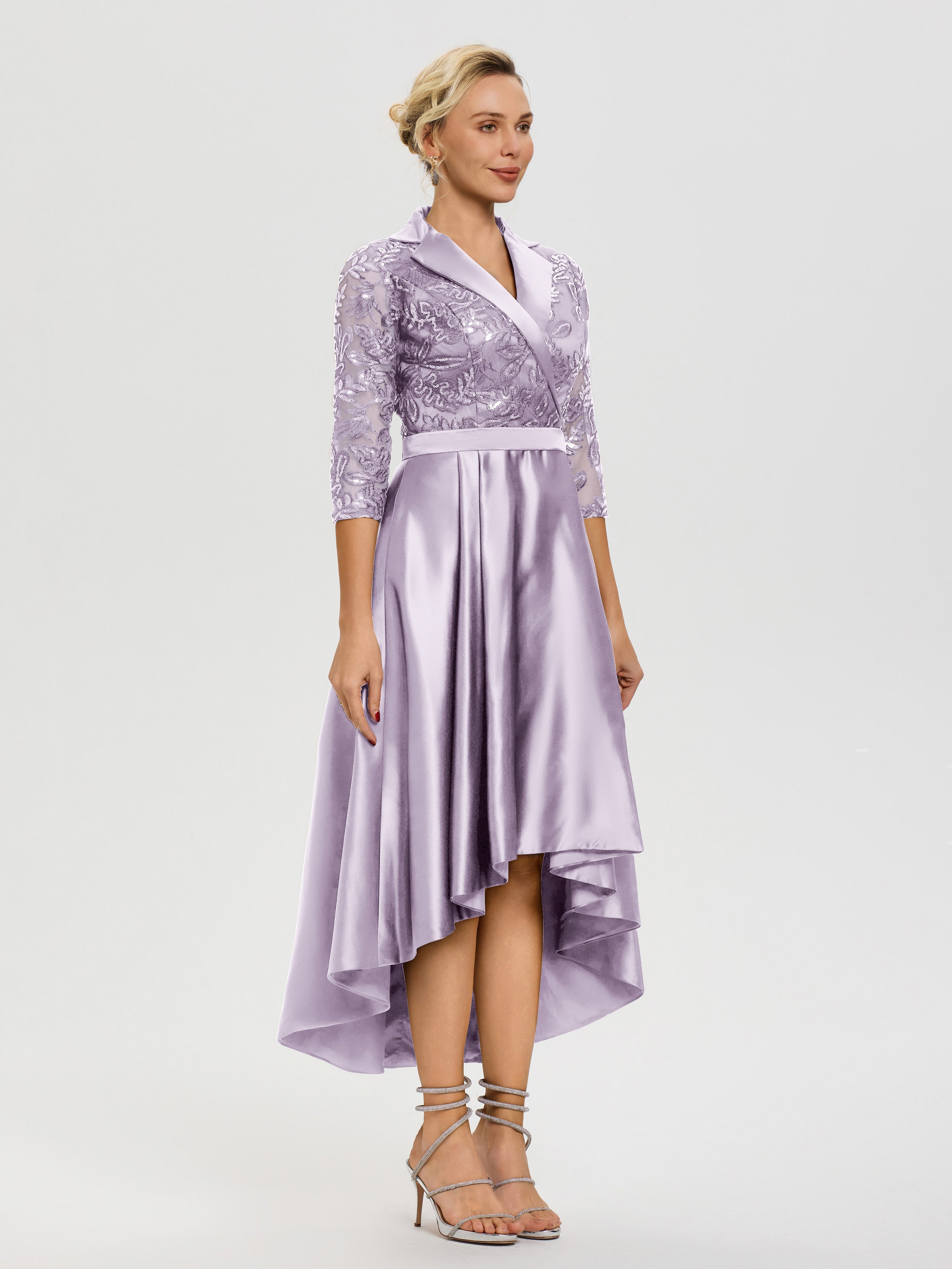 Robe Mère De La Mariée Chic Vintage Mauve Col V Asymétrique Satin & Dentelle Robe Mère De La Mariée Moderne