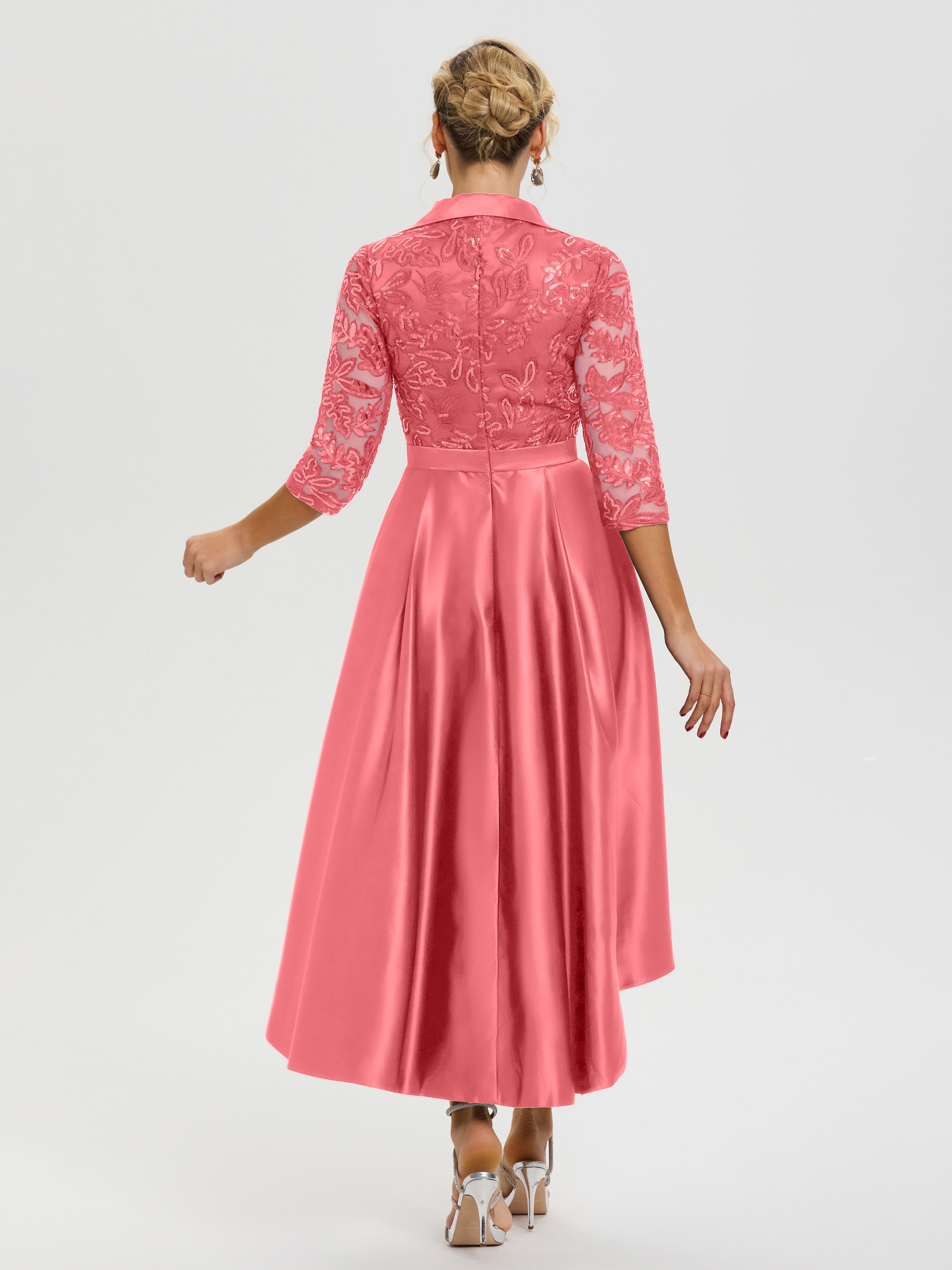 Robe Mariage Mère Du Marié Pastèque Col V Asymétrique Satin & Dentelle Robe Mère De La Mariée Moderne
