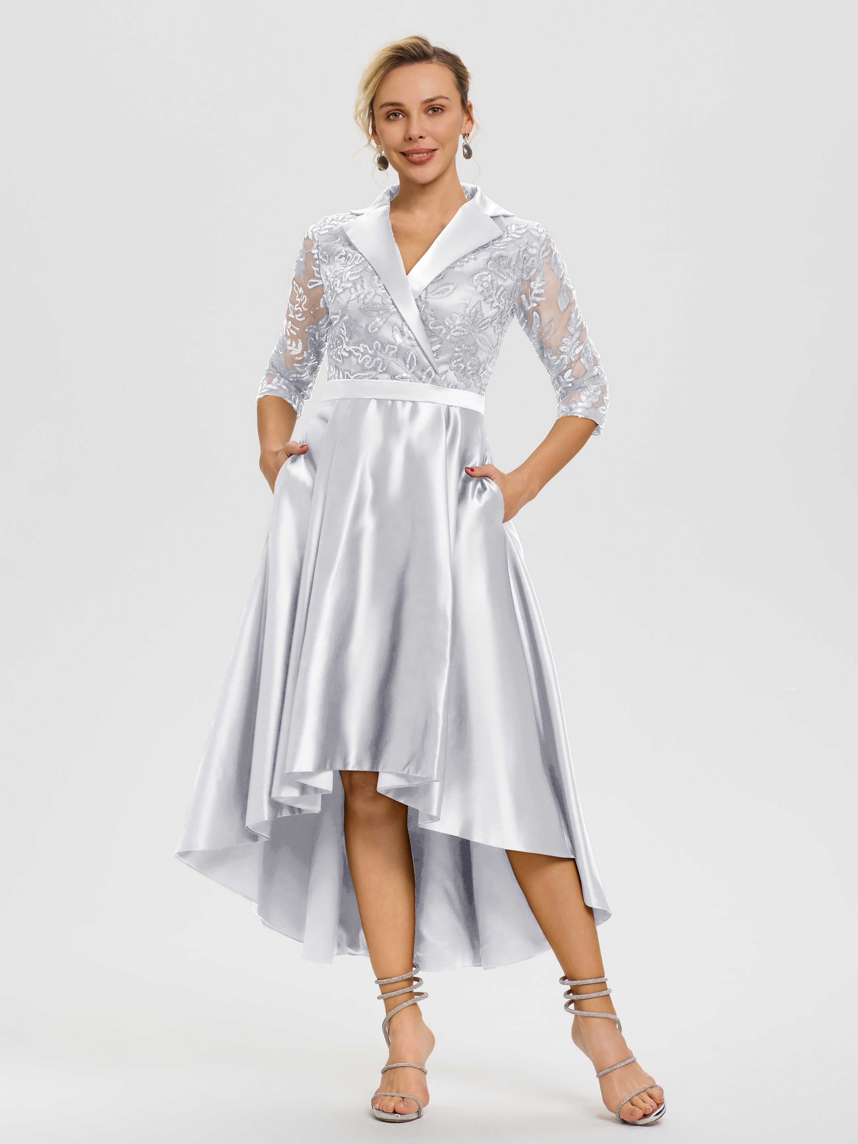 Tenue Mere Dela Mariee Blanc Col V Asymétrique Satin & Dentelle Robe Mère De La Mariée Moderne