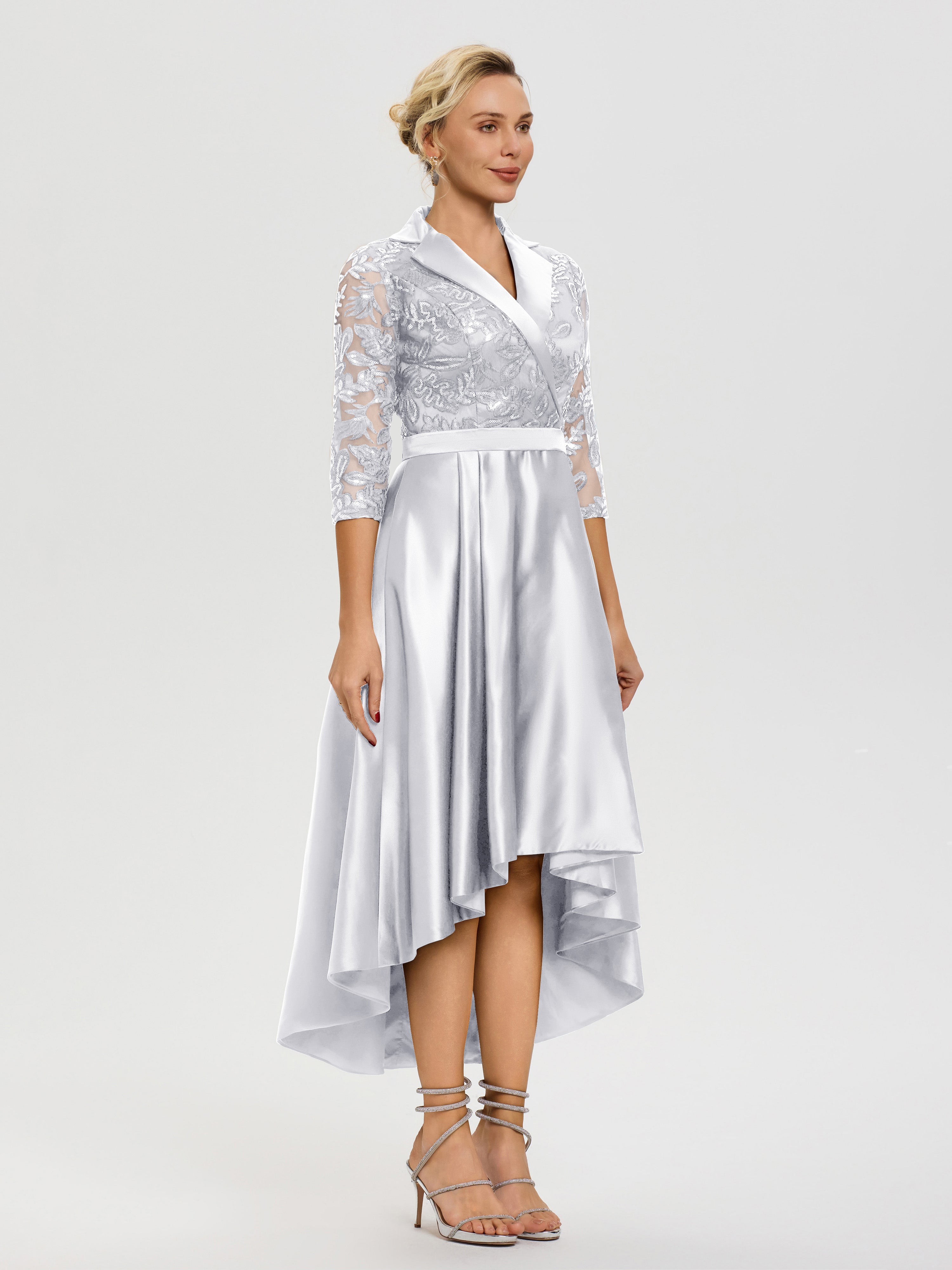 Tenue Mere Dela Mariee Blanc Col V Asymétrique Satin & Dentelle Robe Mère De La Mariée Moderne