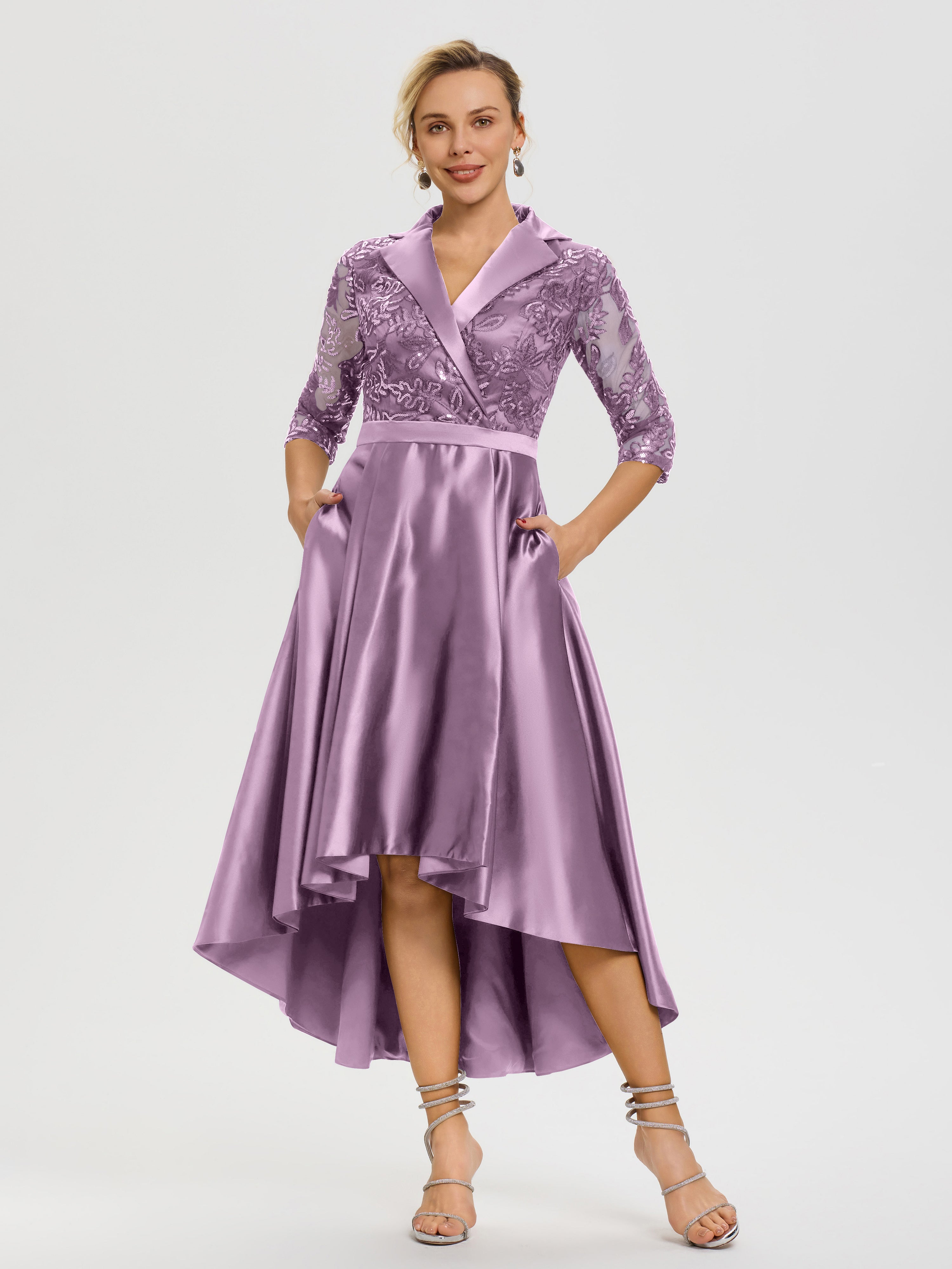 Robe De Mère Du Marié Glycine Col V Asymétrique Satin & Dentelle Robe Mère De La Mariée Moderne