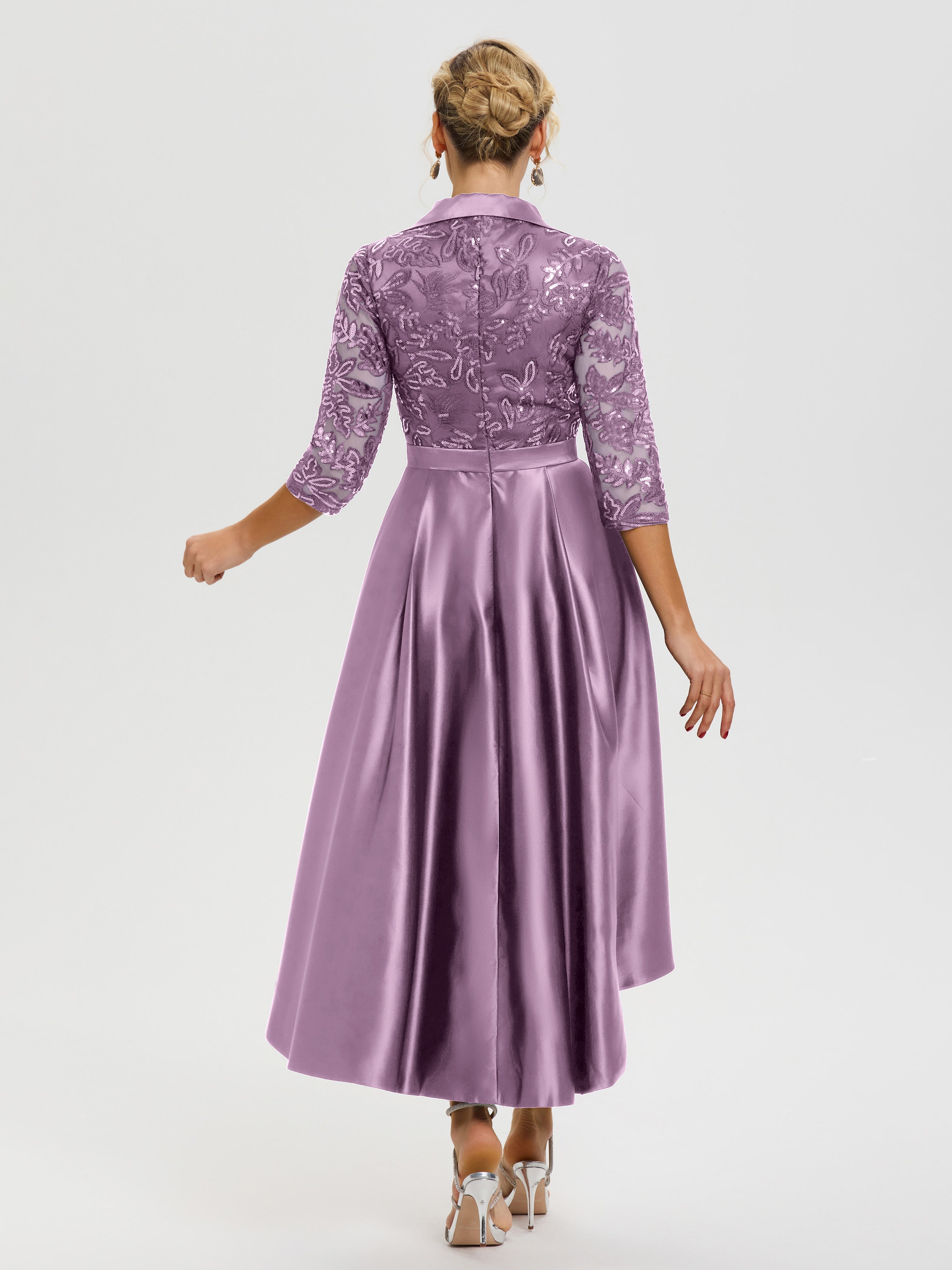 Robe De Mère Du Marié Glycine Col V Asymétrique Satin & Dentelle Robe Mère De La Mariée Moderne