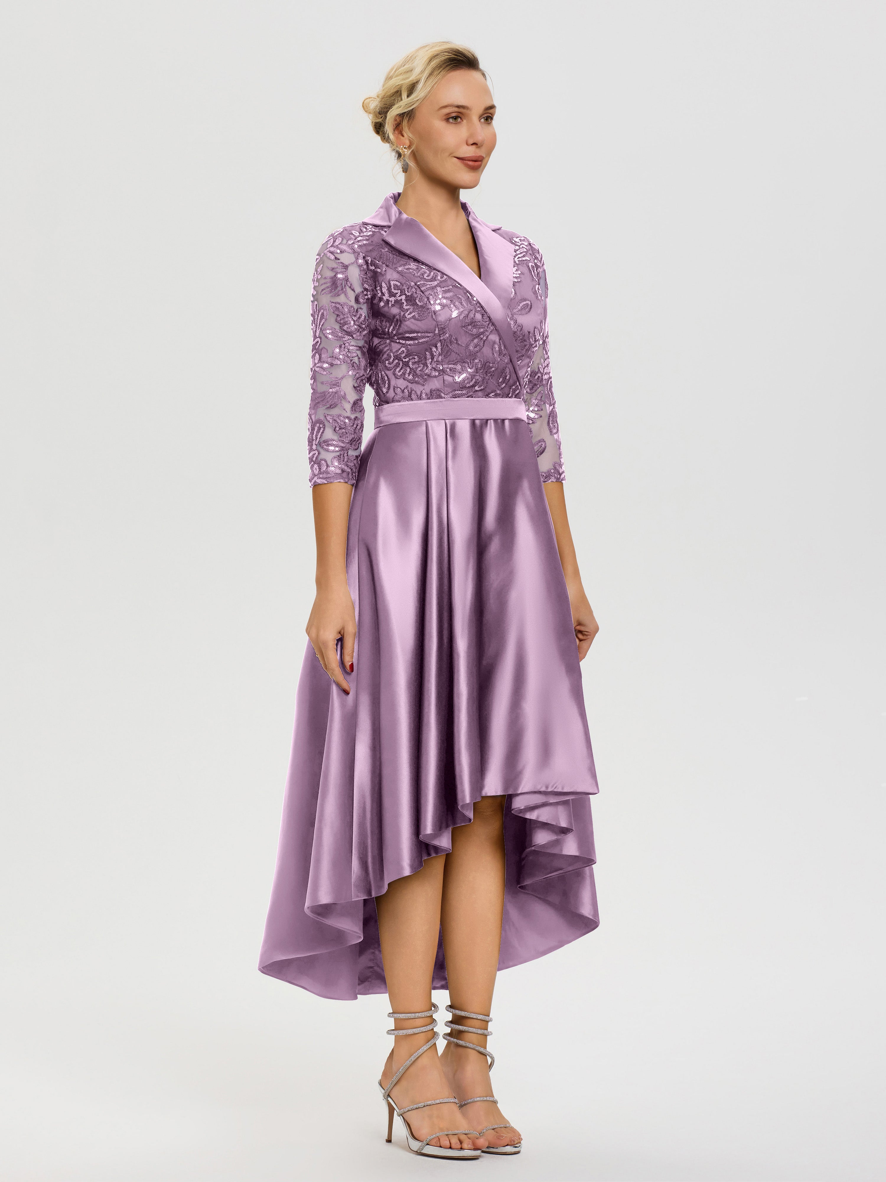 Robe De Mère Du Marié Glycine Col V Asymétrique Satin & Dentelle Robe Mère De La Mariée Moderne