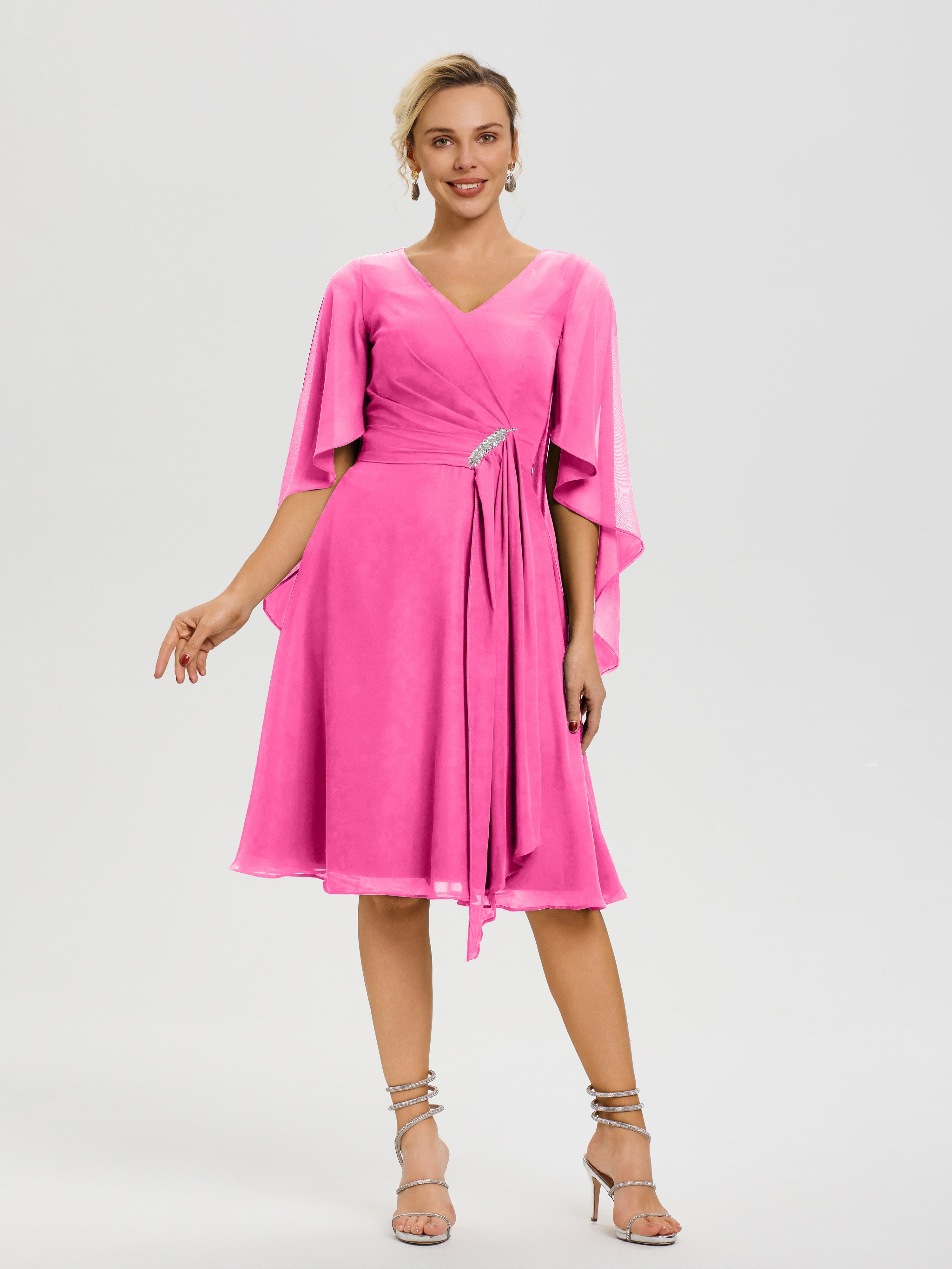Robe De Cérémonie Mère Du Marié Azalee Manches-Asymetrique-Col-V-Mousseline-Robe-Mere-Marie