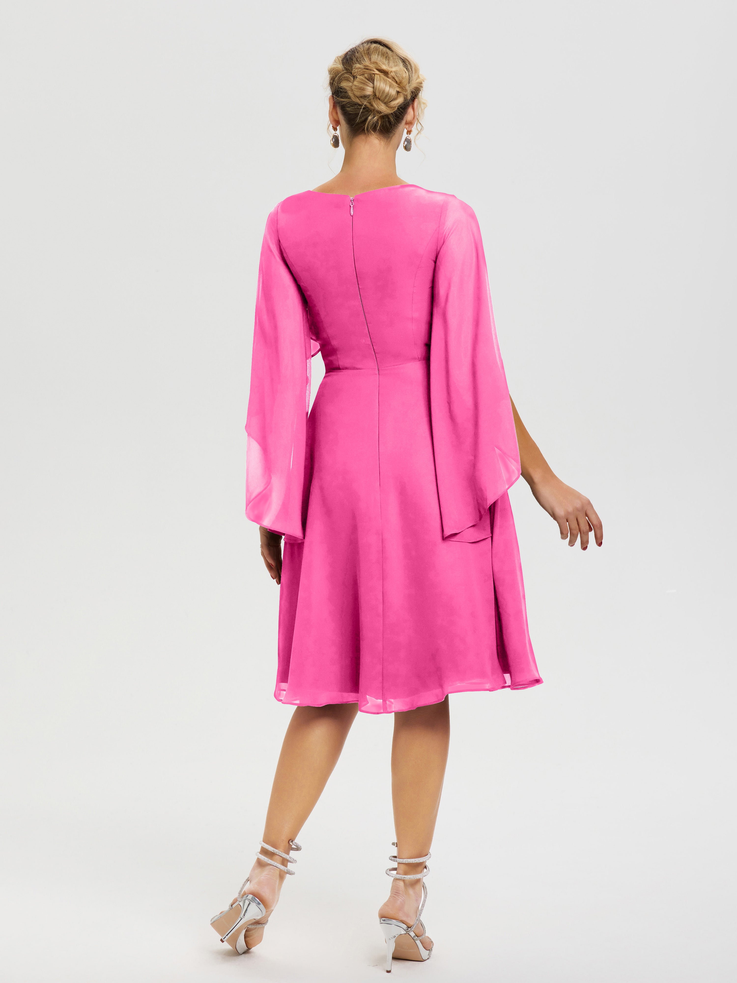 Robe De Cérémonie Mère Du Marié Azalee Manches-Asymetrique-Col-V-Mousseline-Robe-Mere-Marie