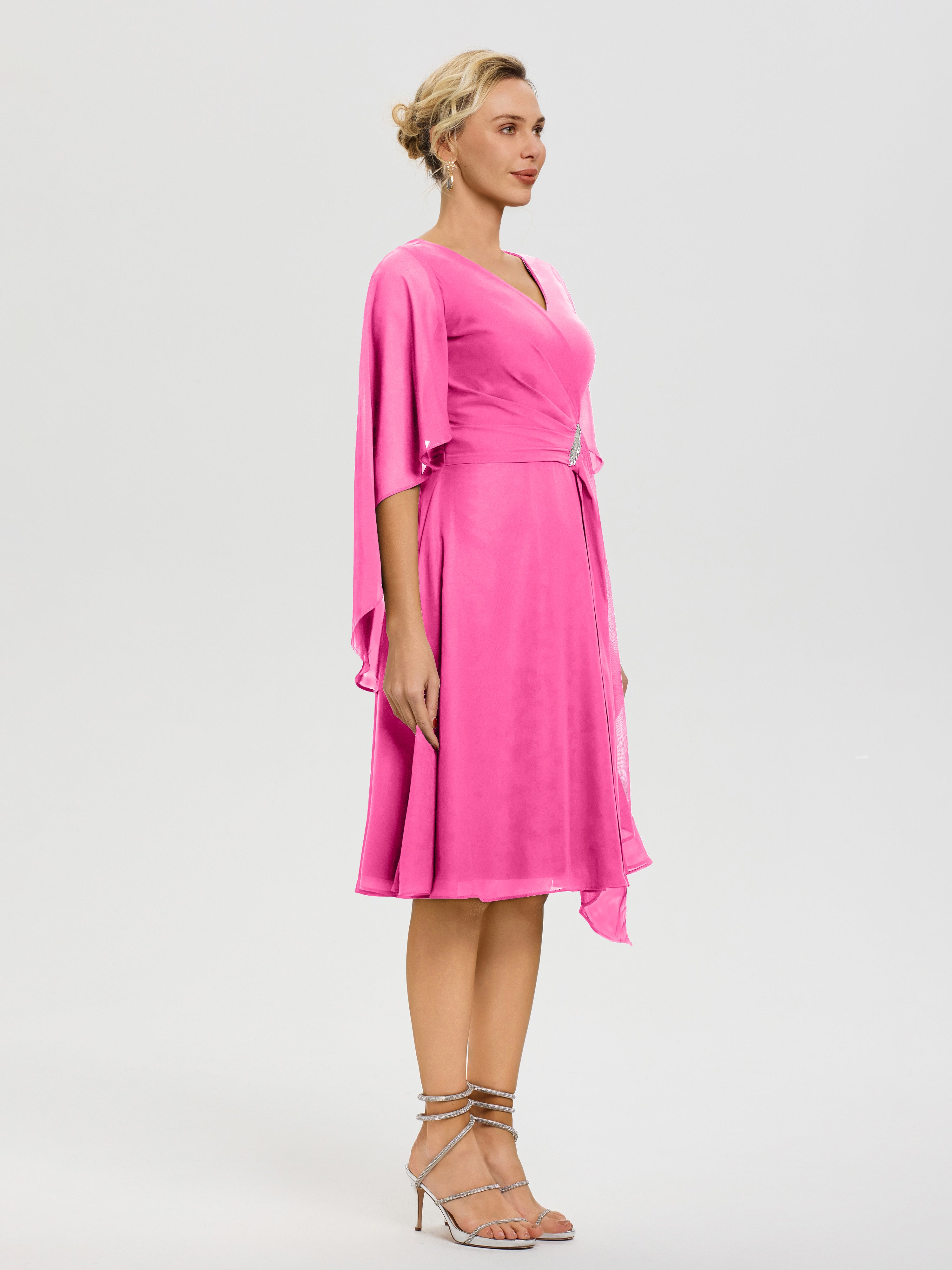 Robe De Cérémonie Mère Du Marié Azalee Manches-Asymetrique-Col-V-Mousseline-Robe-Mere-Marie