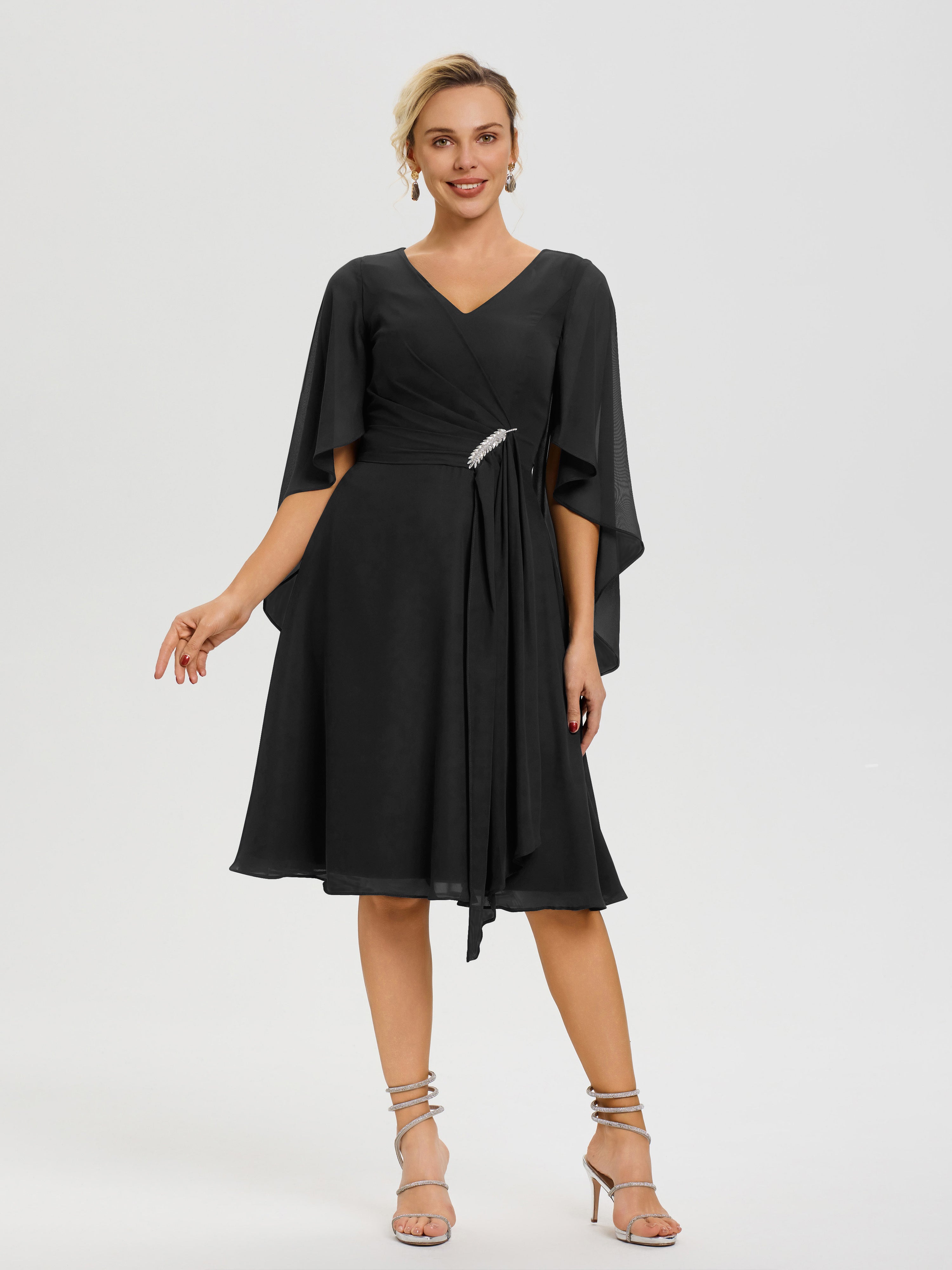 Robe Pour La Mère Du Marié Noir Manches Asymétrique Col V Mousseline Robe Mère Marié
