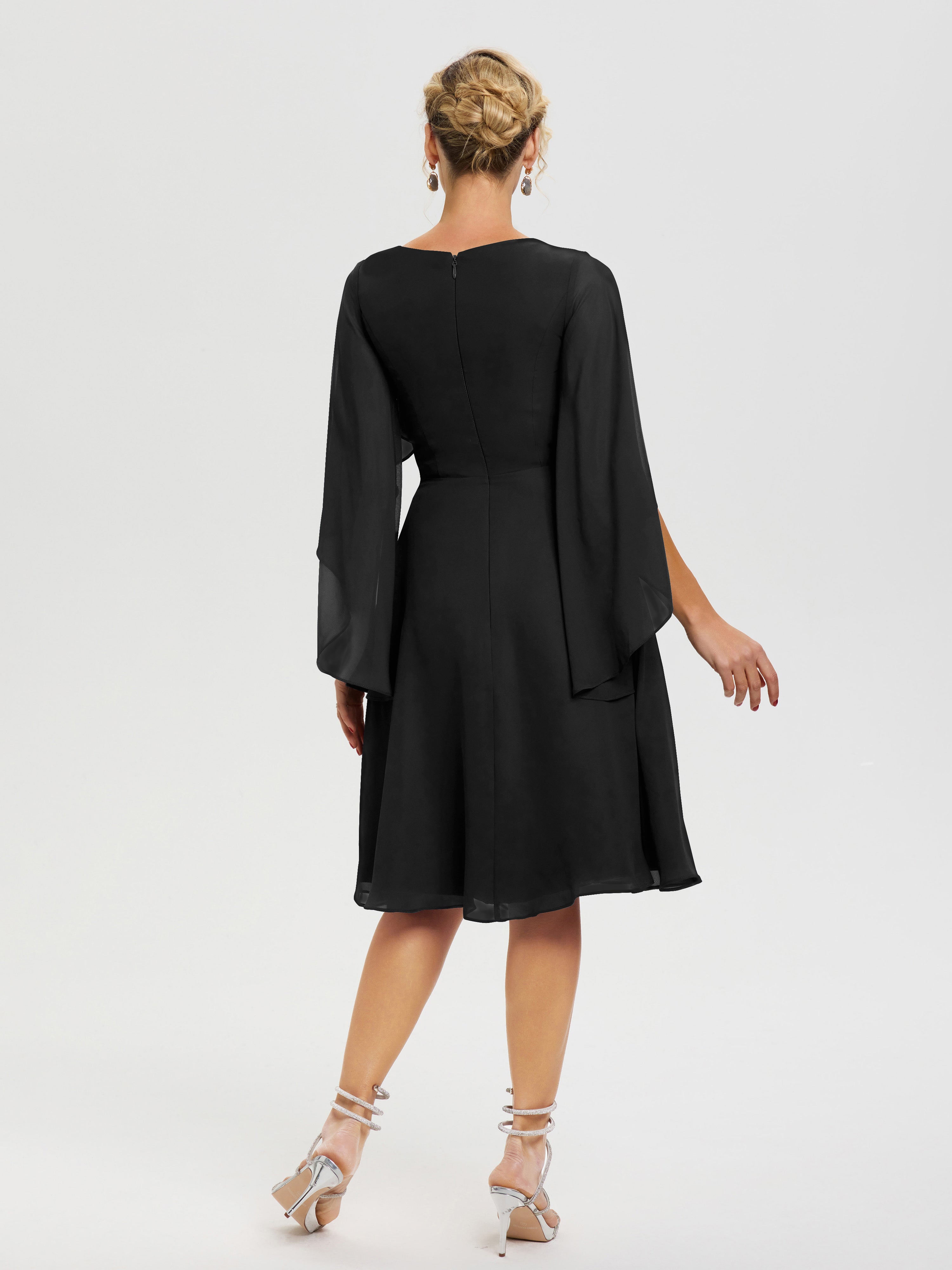 Robe Pour La Mère Du Marié Noir Manches Asymétrique Col V Mousseline Robe Mère Marié