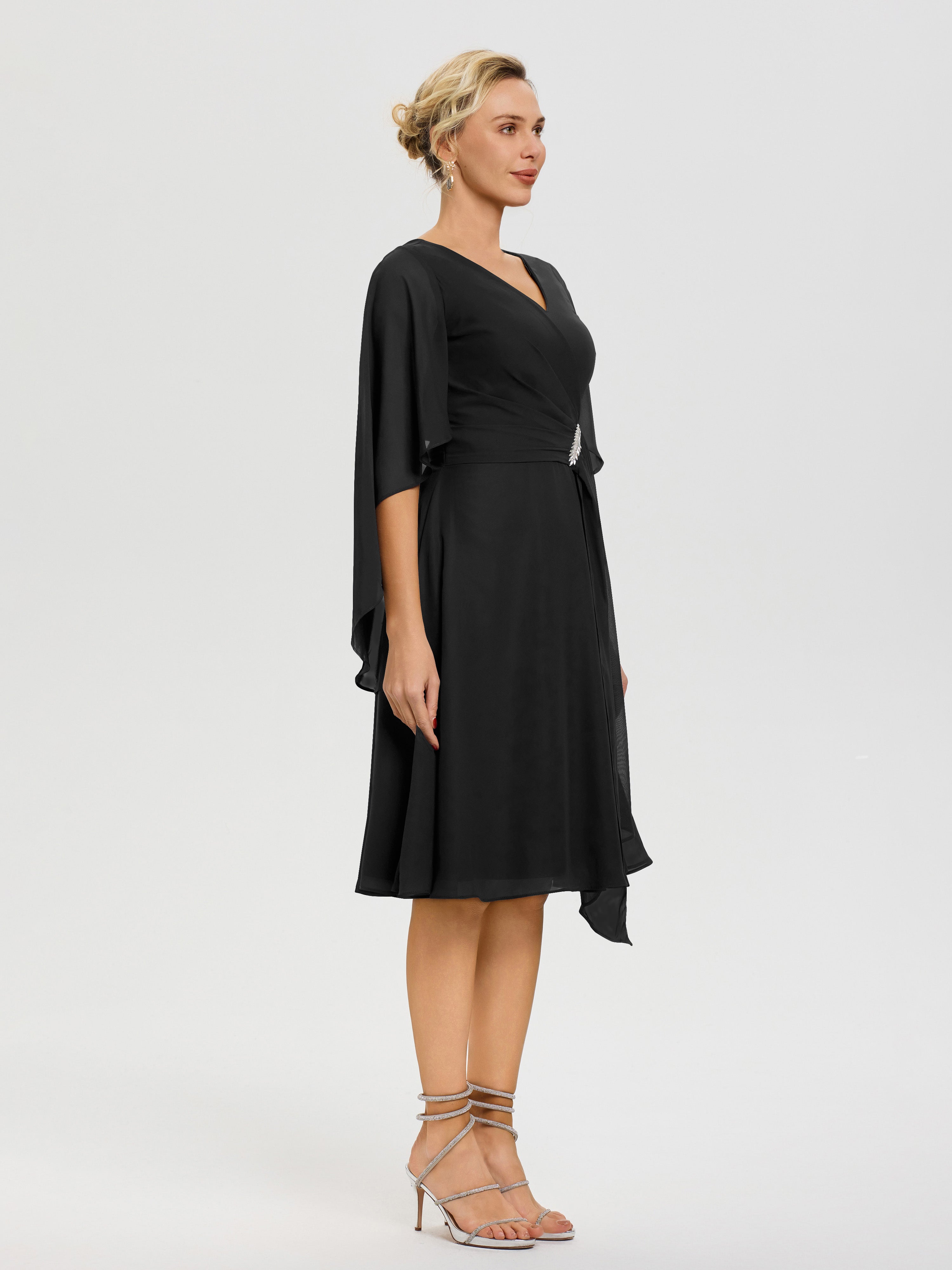 Robe Pour La Mère Du Marié Noir Manches Asymétrique Col V Mousseline Robe Mère Marié