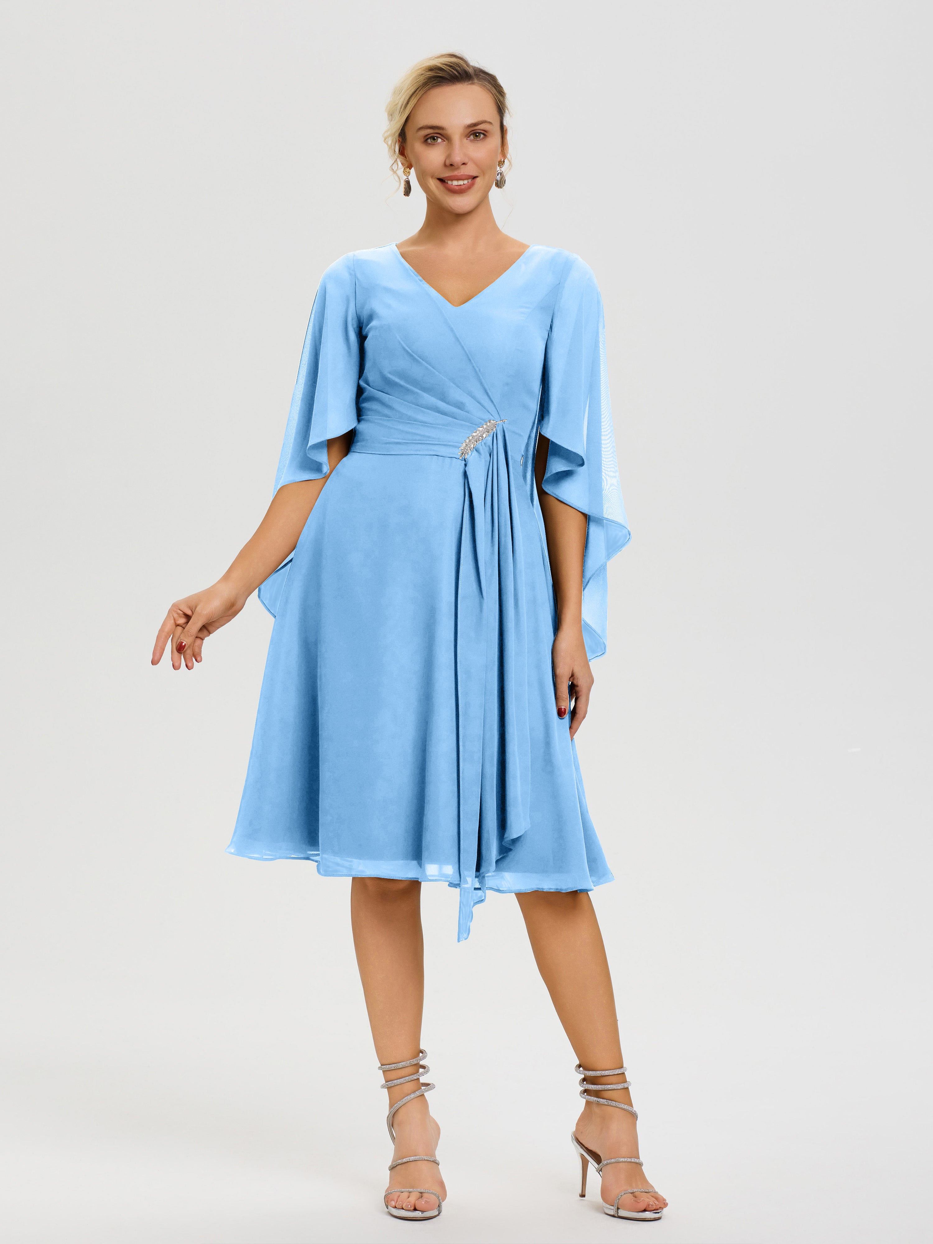 Robe Bleu Mere De La Mariee Manches Asymétrique Col V Mousseline Robe Mère Marié