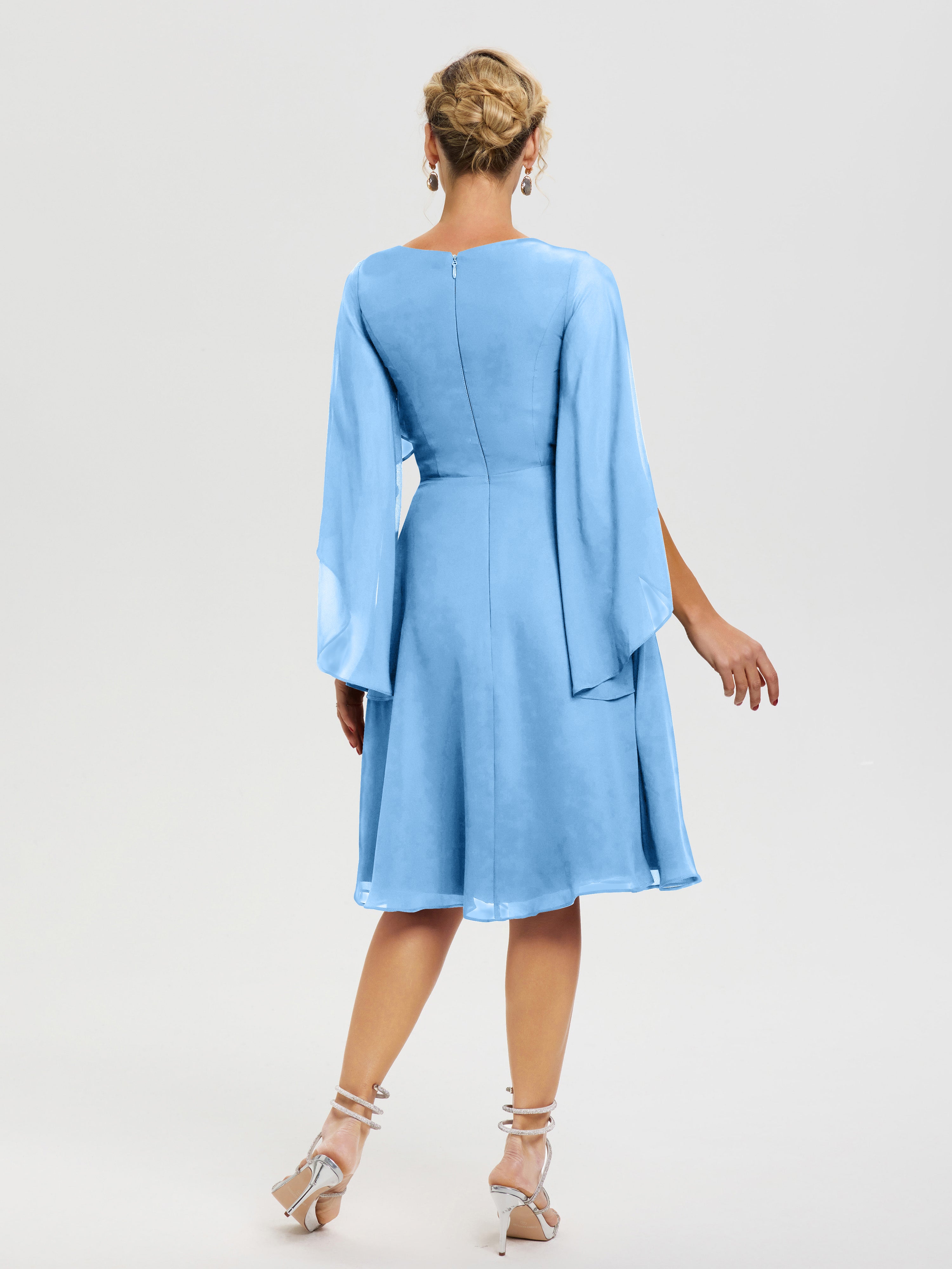 Robe Bleu Mere De La Mariee Manches Asymétrique Col V Mousseline Robe Mère Marié