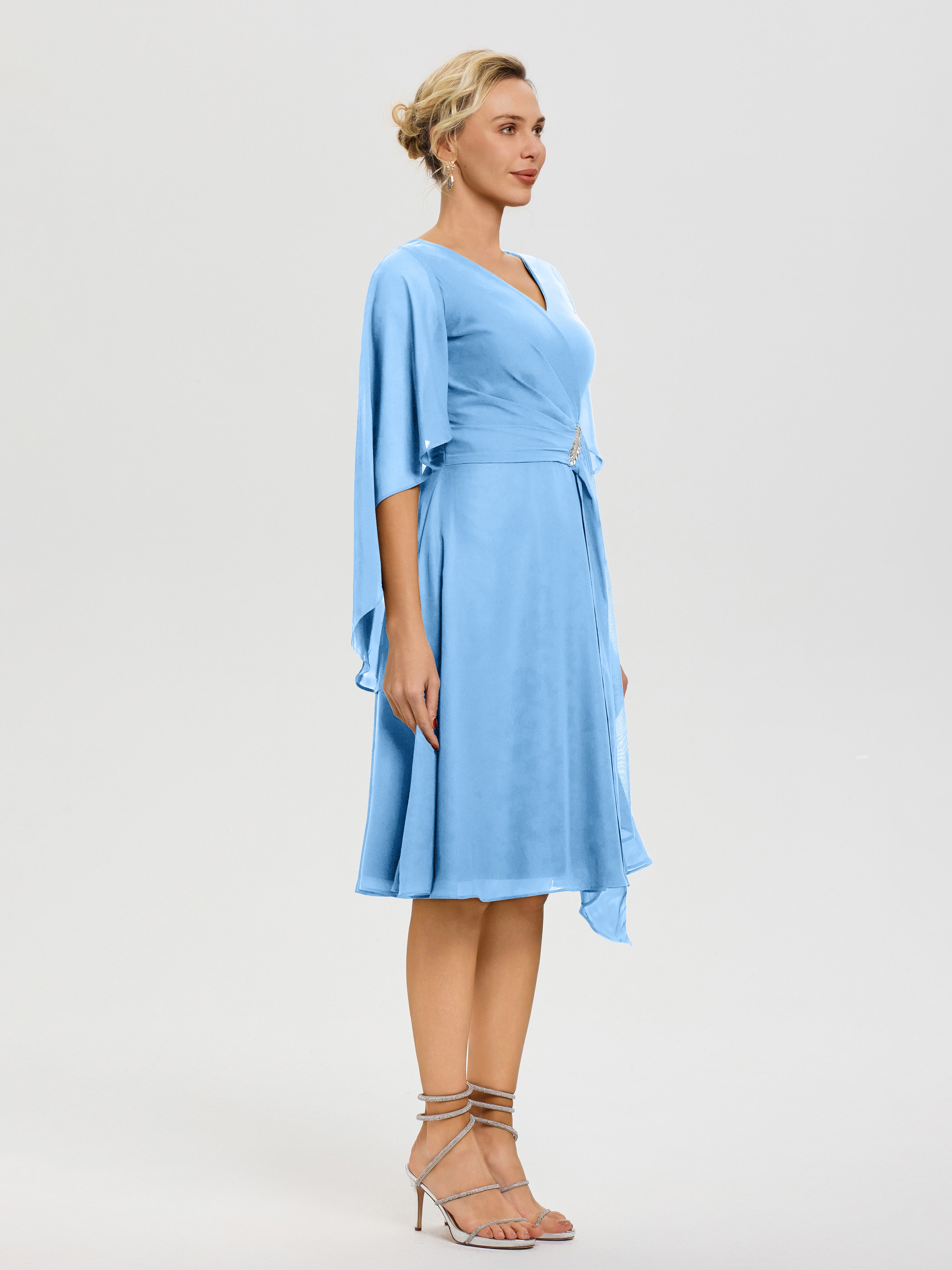 Robe Bleu Mere De La Mariee Manches Asymétrique Col V Mousseline Robe Mère Marié