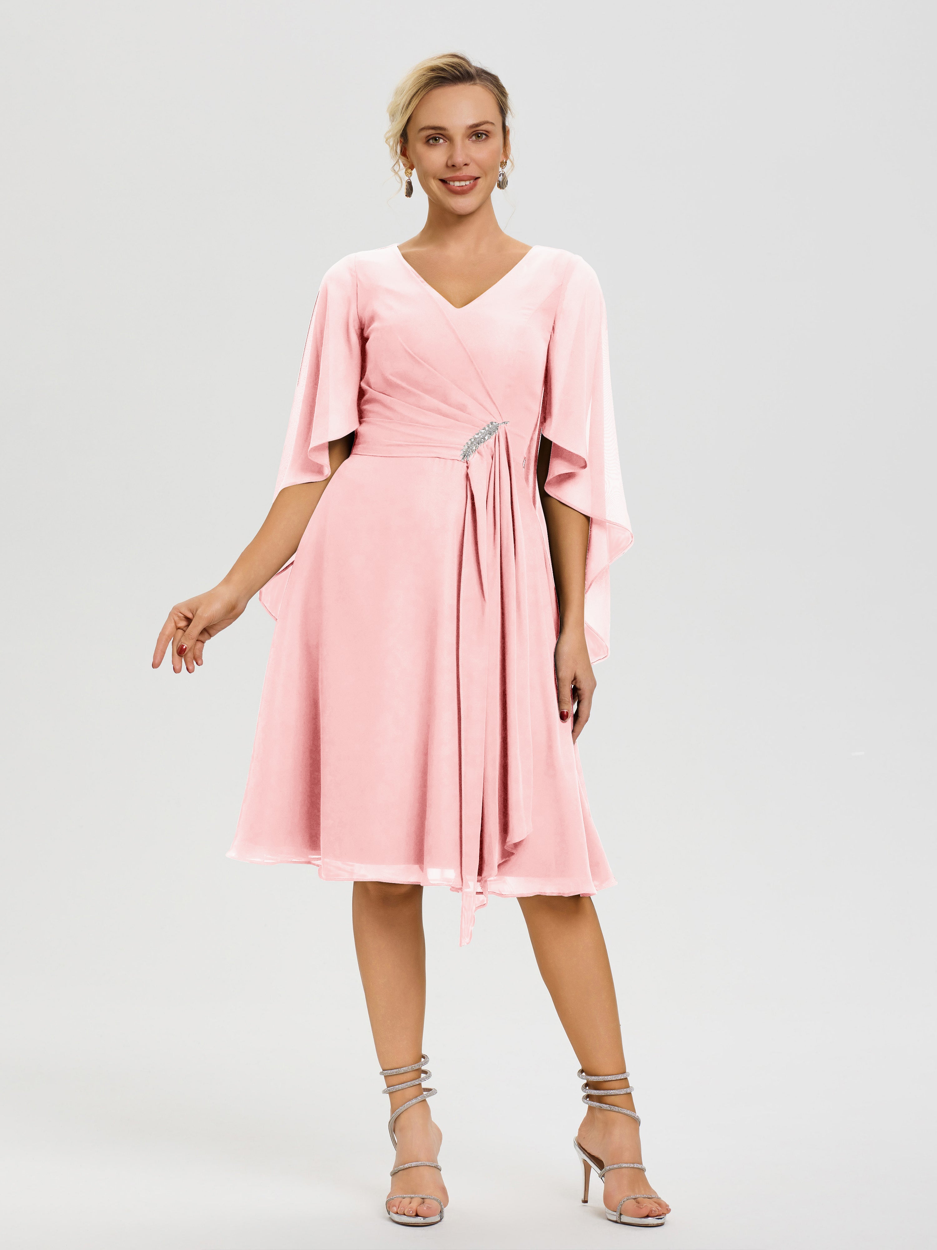 Robe Mere De La Mariee Rose Manches Asymétrique Col V Mousseline Robe Mère Marié