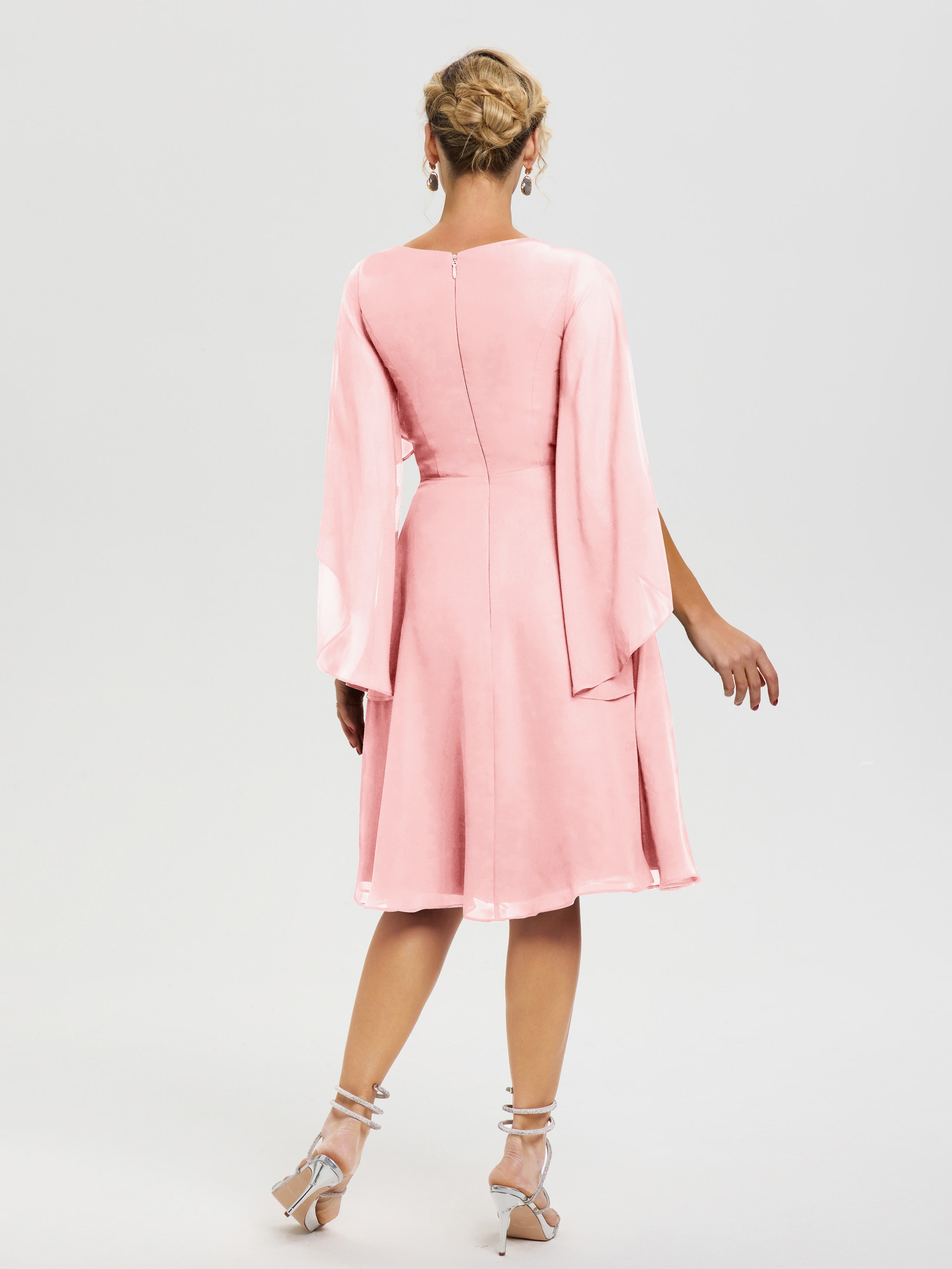 Robe Mere De La Mariee Rose Manches Asymétrique Col V Mousseline Robe Mère Marié