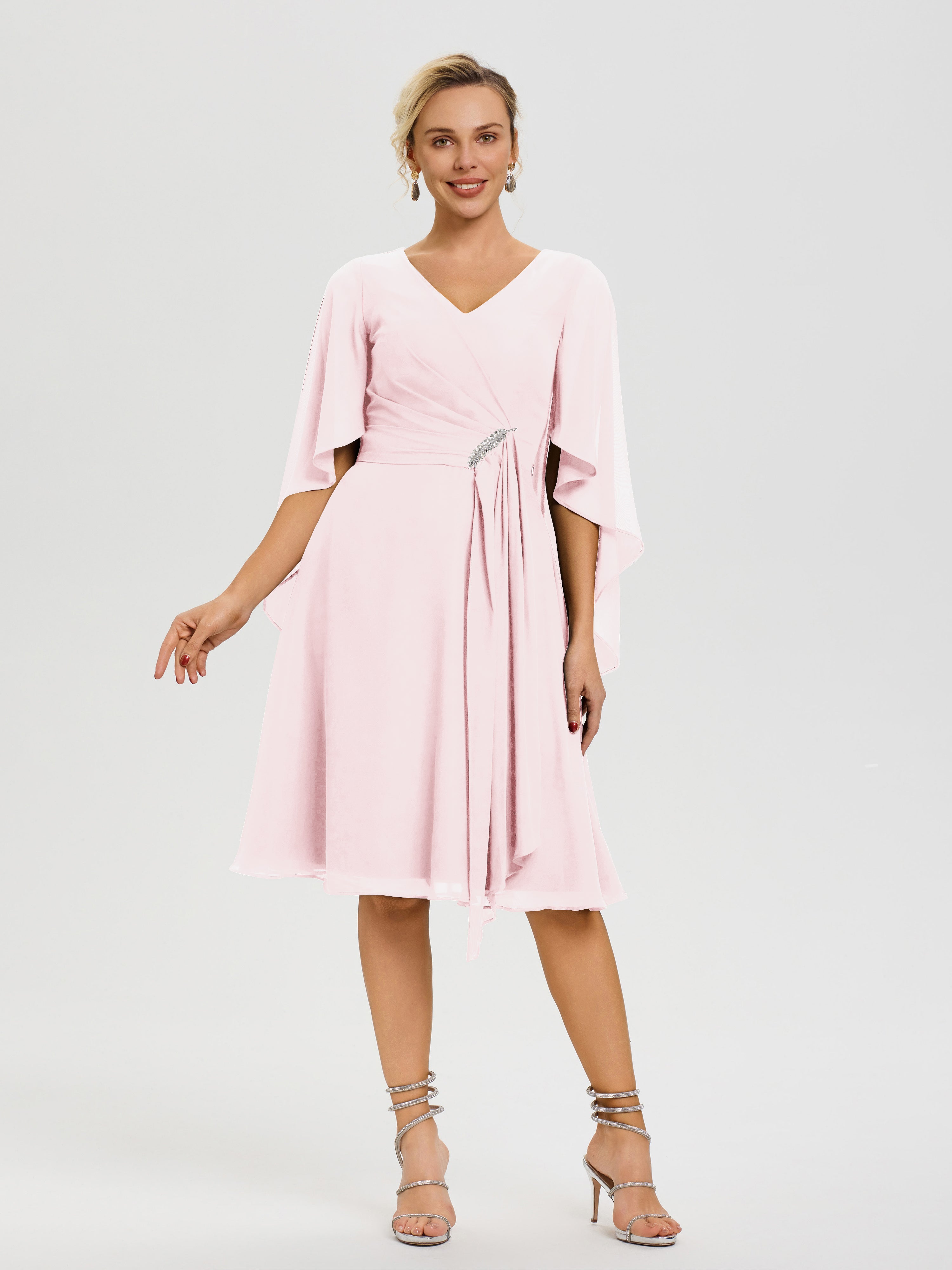 Robe Pour La Mère Du Marié Rose Pale Manches Asymétrique Col V Mousseline Robe Mère Marié